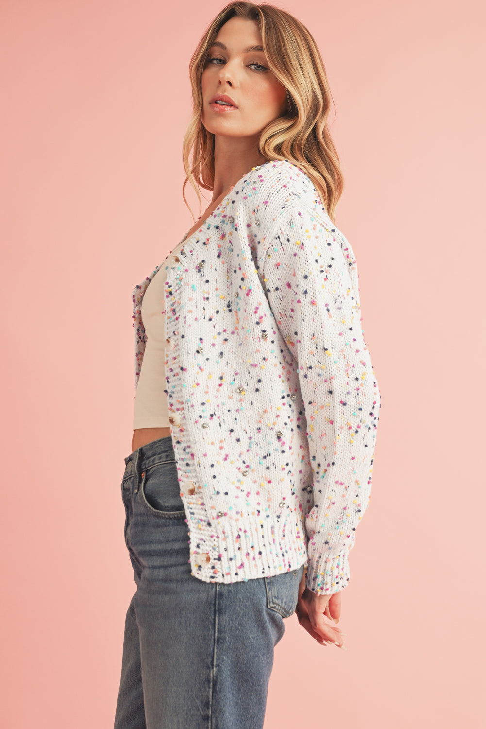 White Confetti Knit Bedazzled Cropped Cardigan