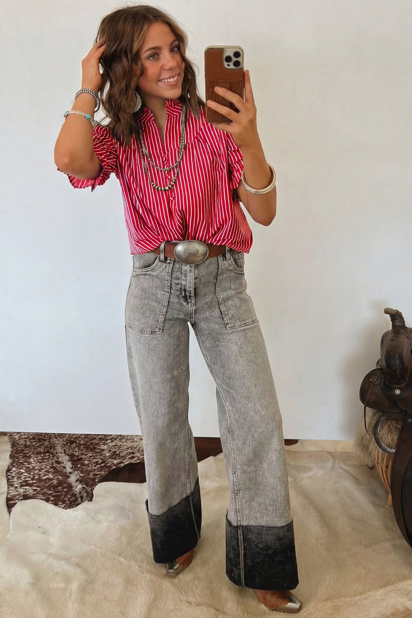 Blue Stripe Ruffled Short Puff Sleeve Button Front Blouse