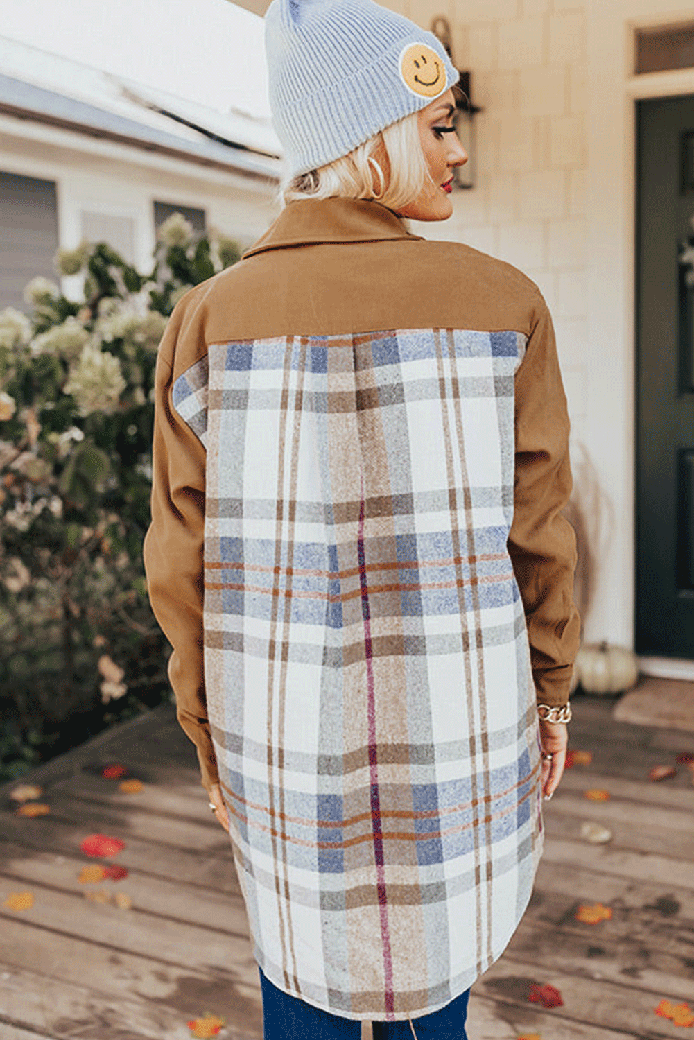 Khaki Plaid Patchwork Long Sleeve Jacket