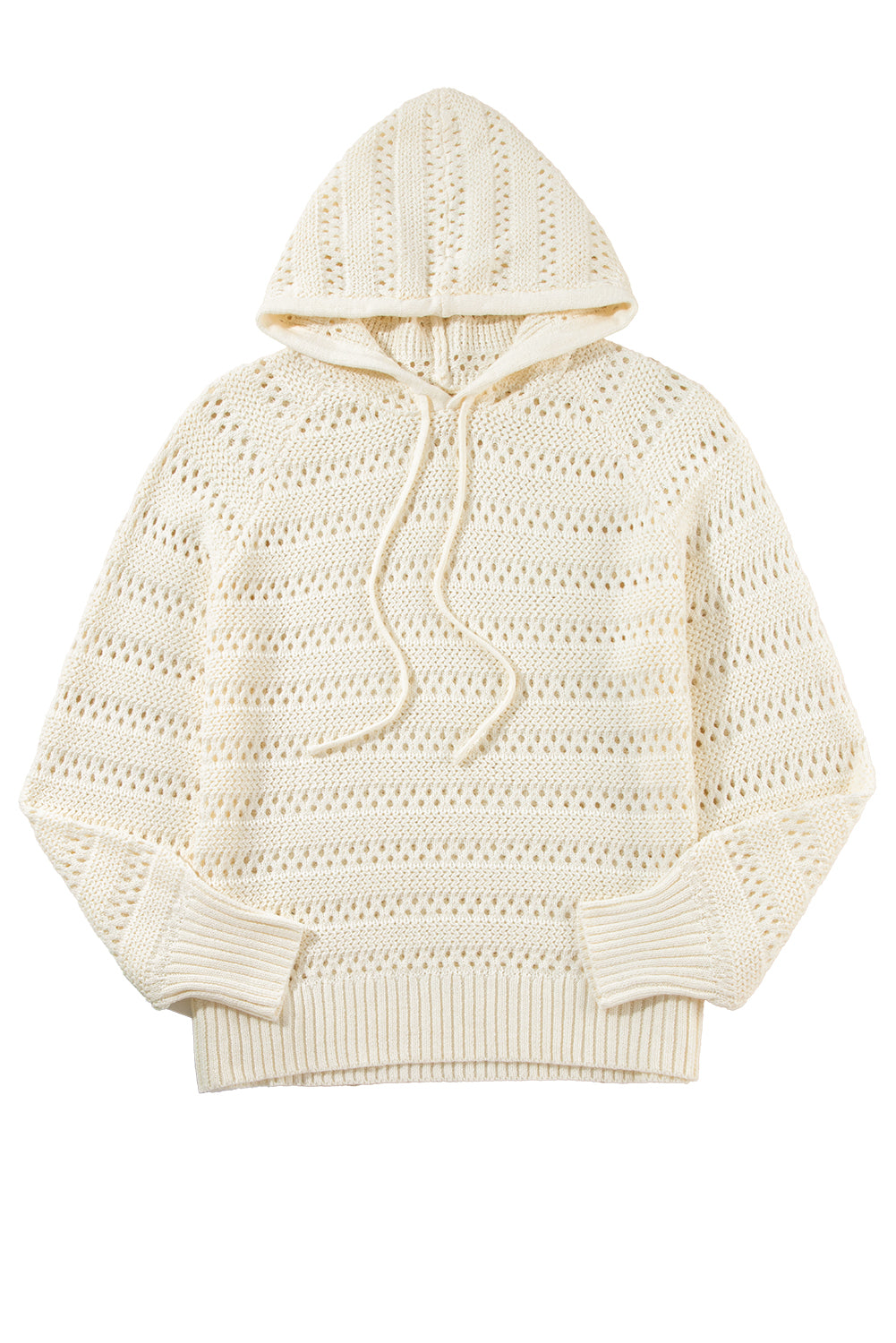 White Pointelle Knit Raglan Sleeve Drawstring Hooded Sweater