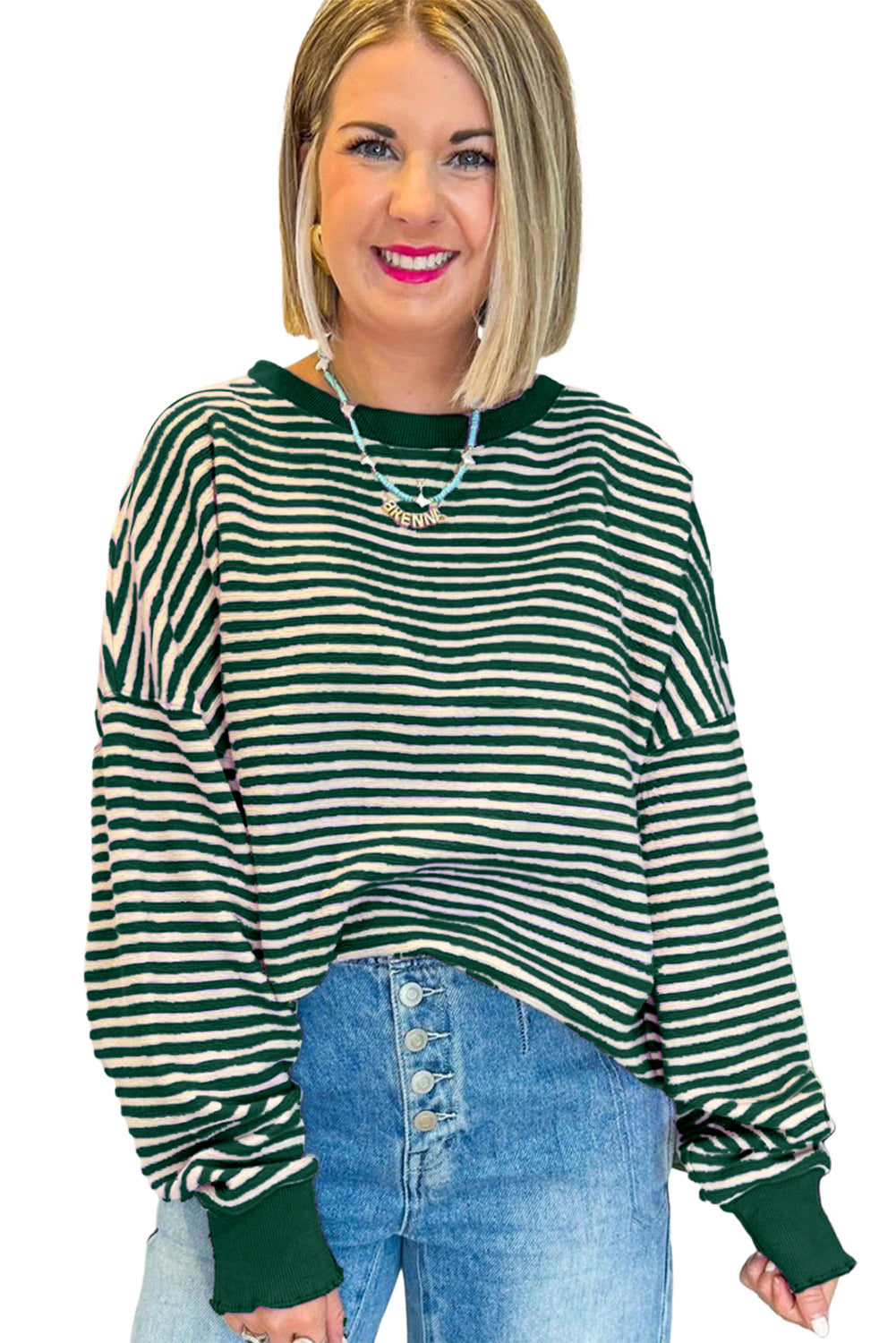 Pink Stripe Drop Shoulder Long Sleeve Top