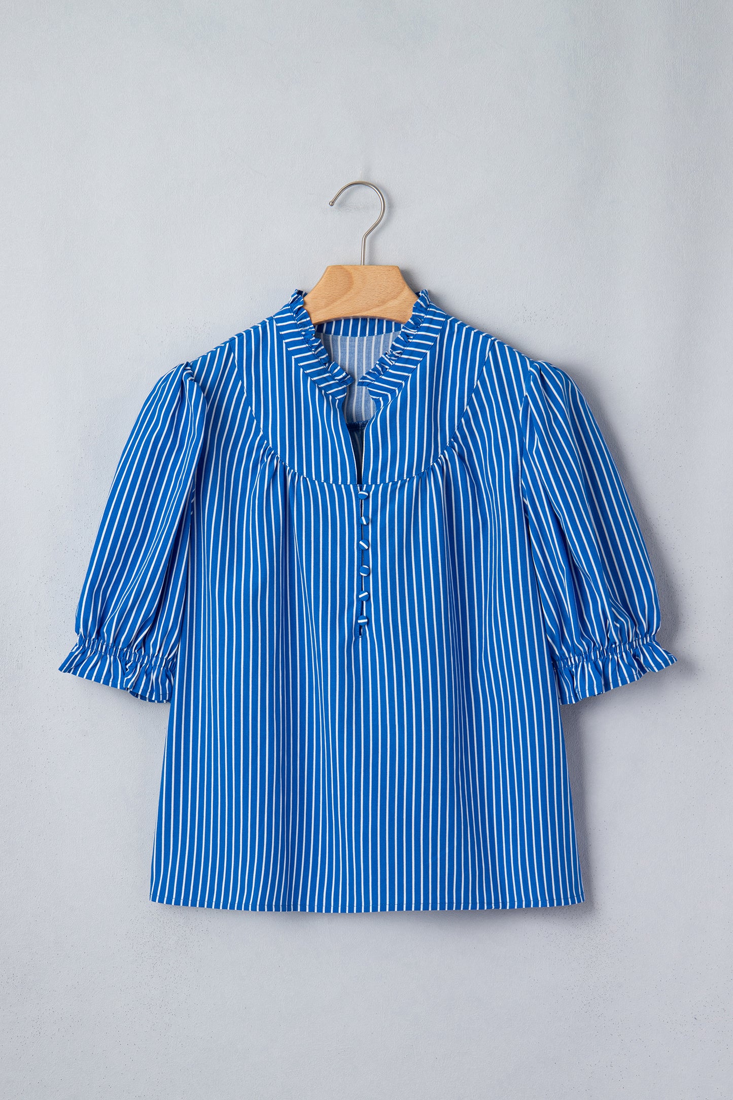 Blue Stripe Ruffled Short Puff Sleeve Button Front Blouse
