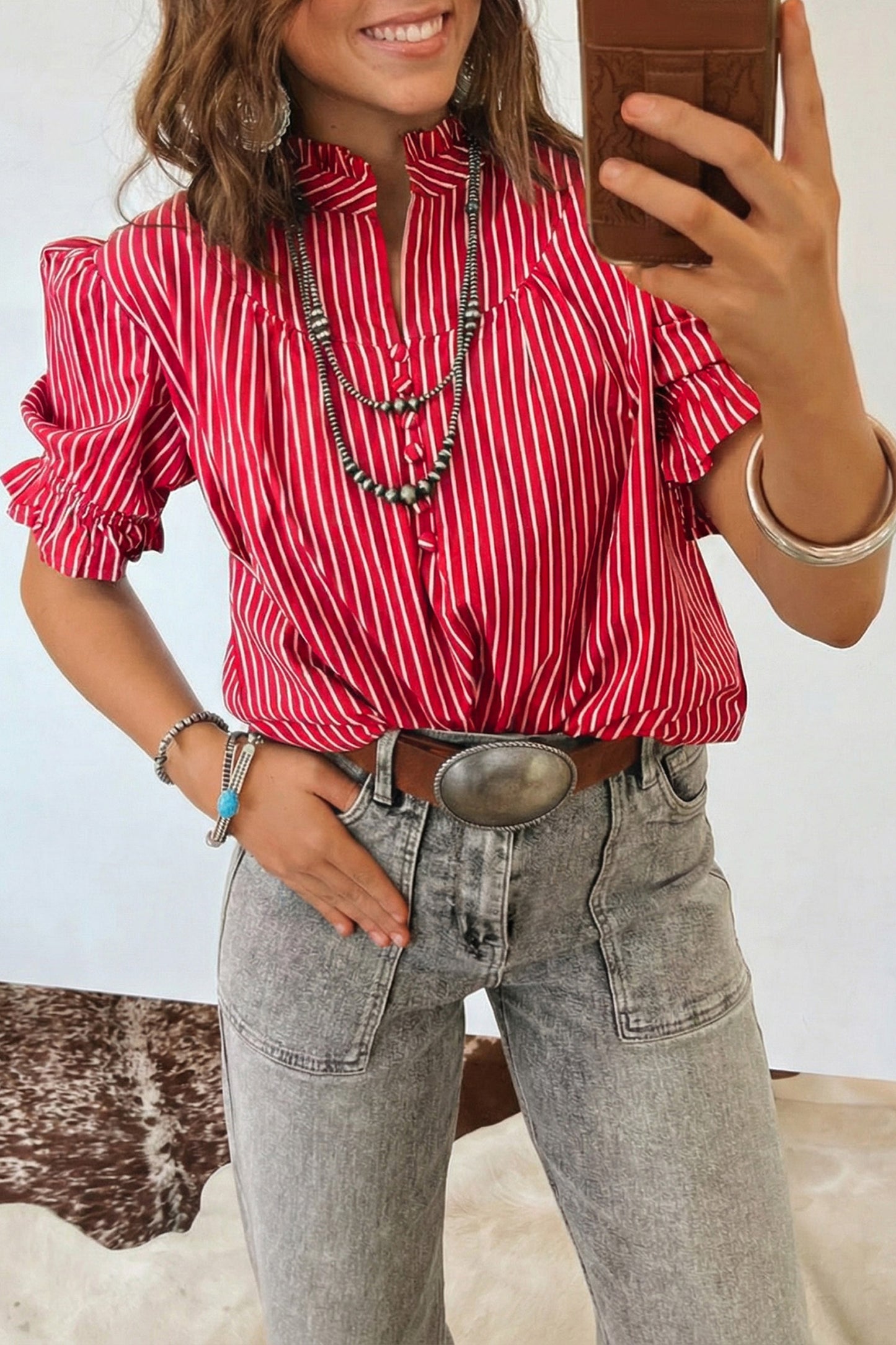 Blue Stripe Ruffled Short Puff Sleeve Button Front Blouse