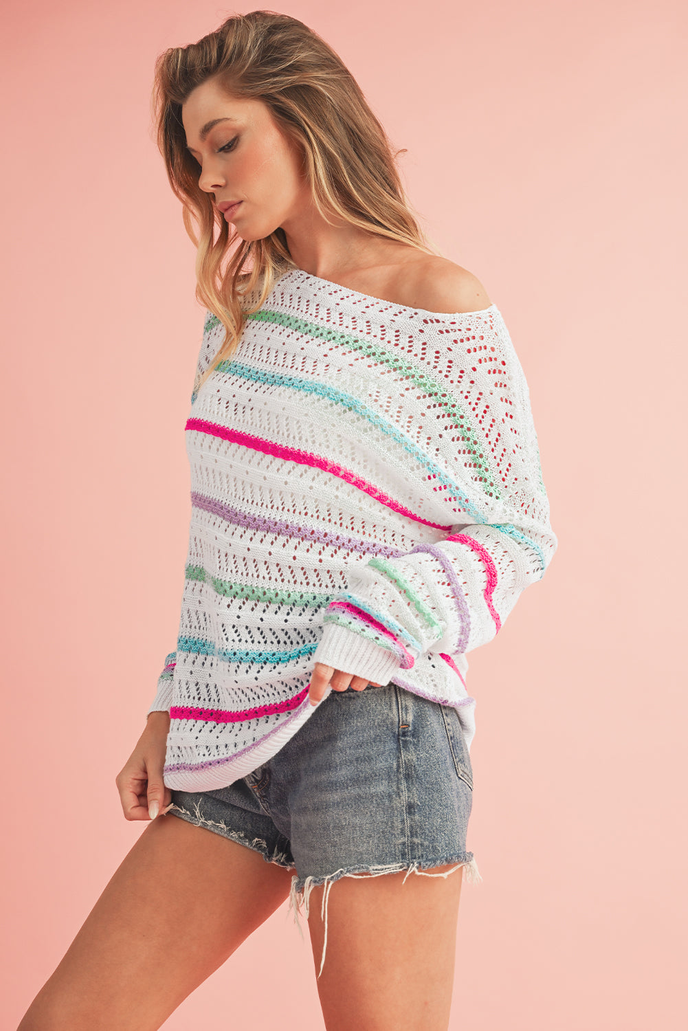 White Striped Hollowed Crochet Loose Fit Knit Top