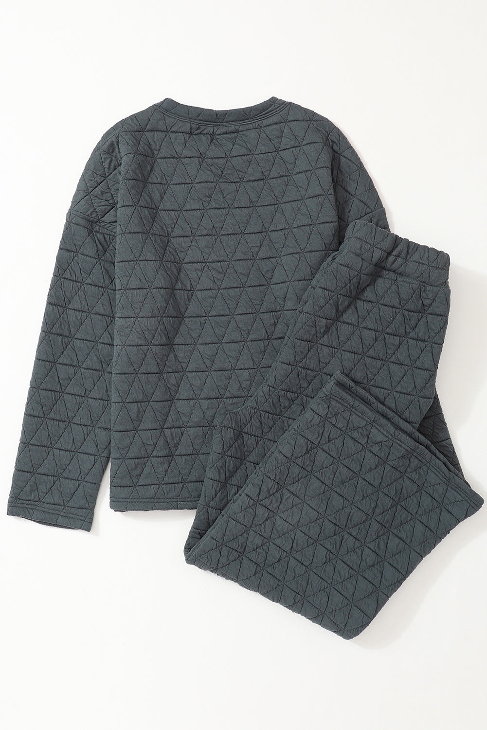 Dark Grey Solid Color Quilted Long Sleeve Top and Wide Leg Pants Set