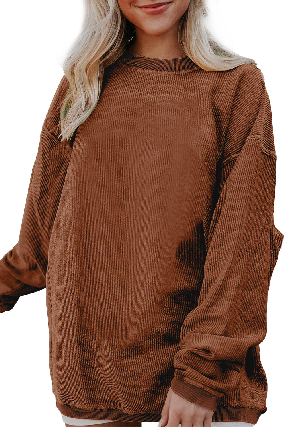 Smoke Gray Plain Drop Sleeve Crinkle Rib Oversized Sweatshirt