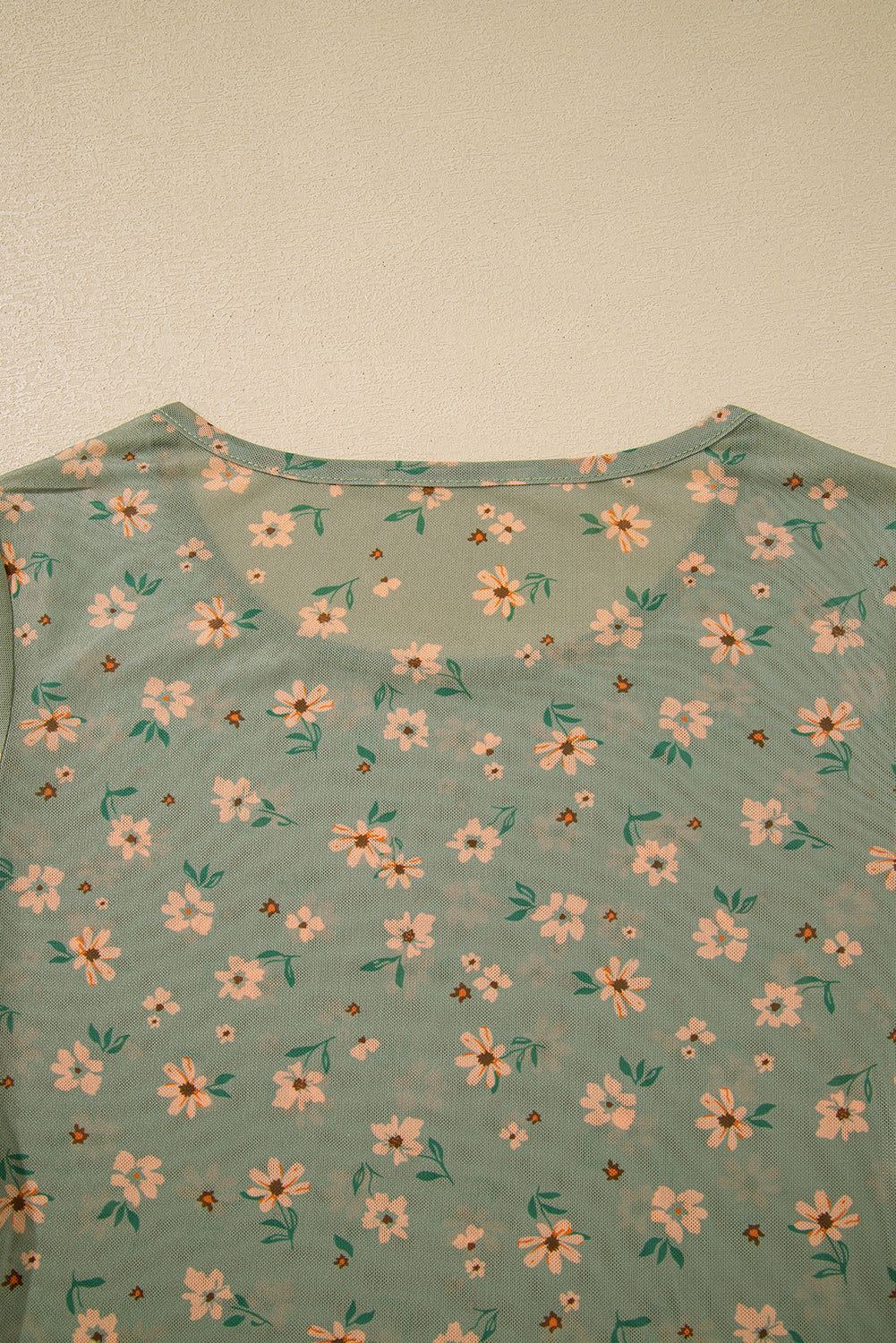 Laurel Green Floral Print Mesh Slim Fit Long Sleeve Top