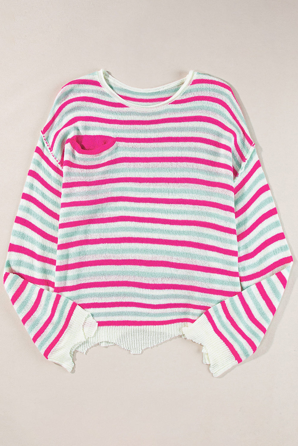 Rose Stripe Distressed Pocket Drop Sleeve Sweater