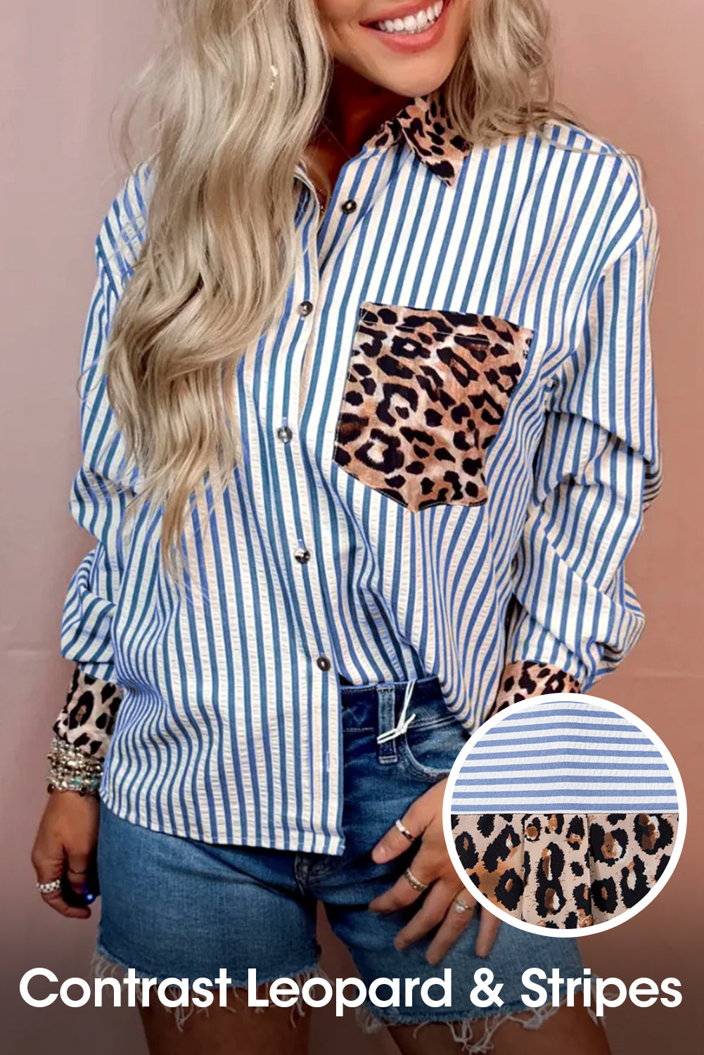 Sky Blue Leopard and Striped Patchwork Button Shirt
