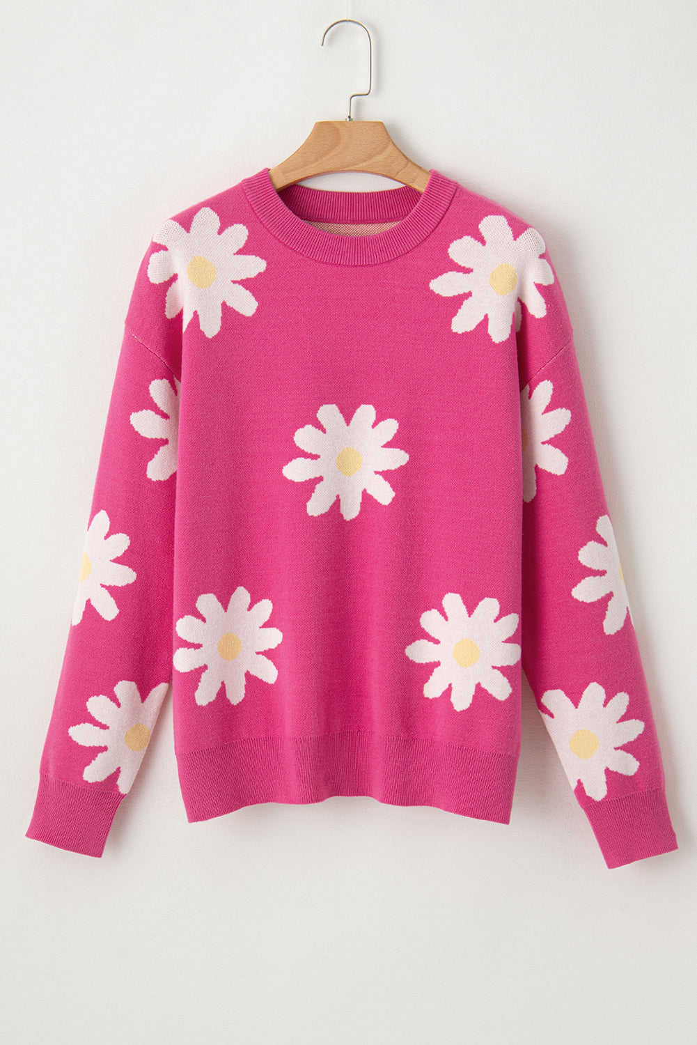 Bright Pink Daisy Ribbed Hem Sweater