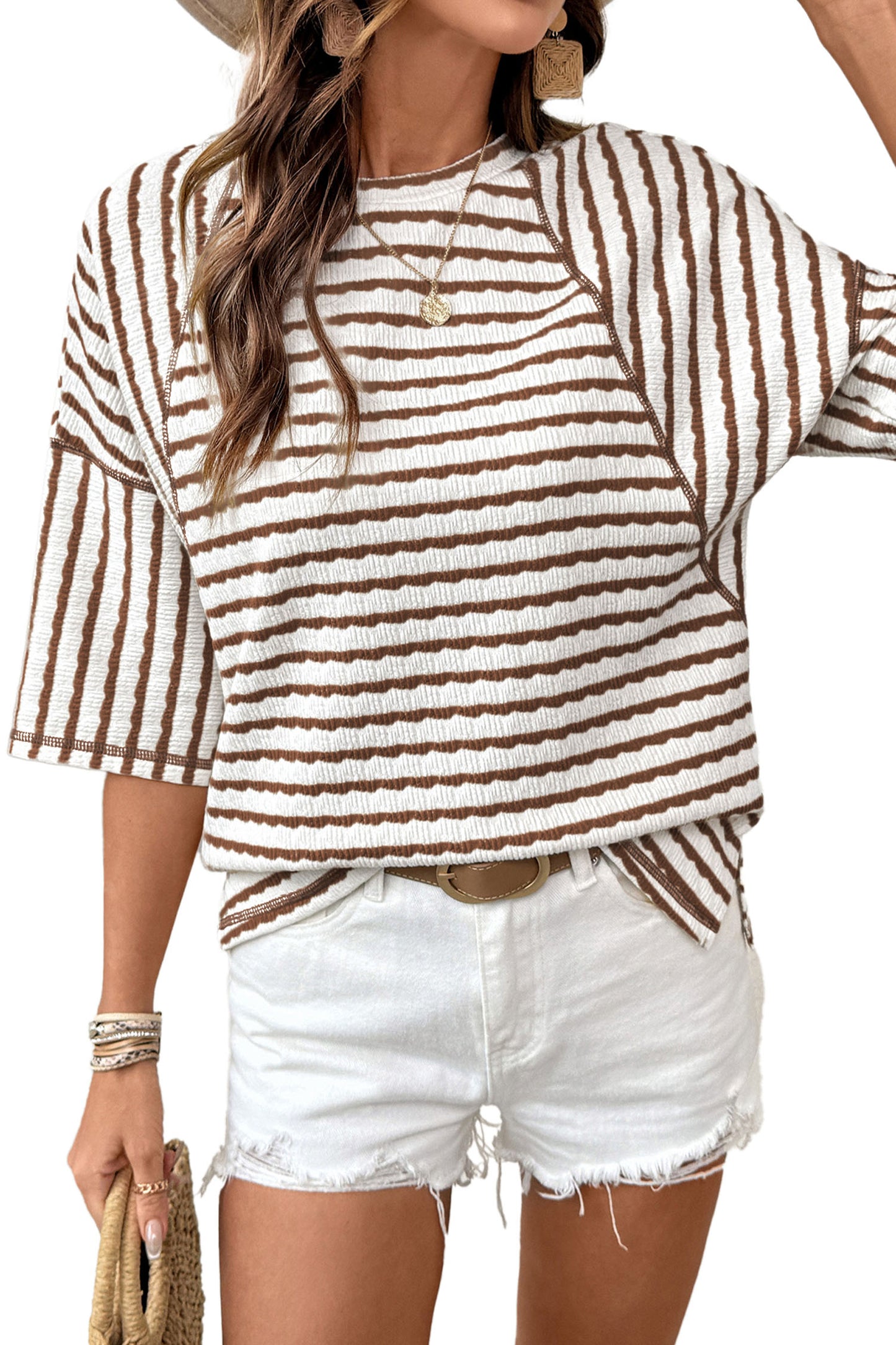 Apricot Stripe Textured Knit Split Hem Half Sleeve Loose Top