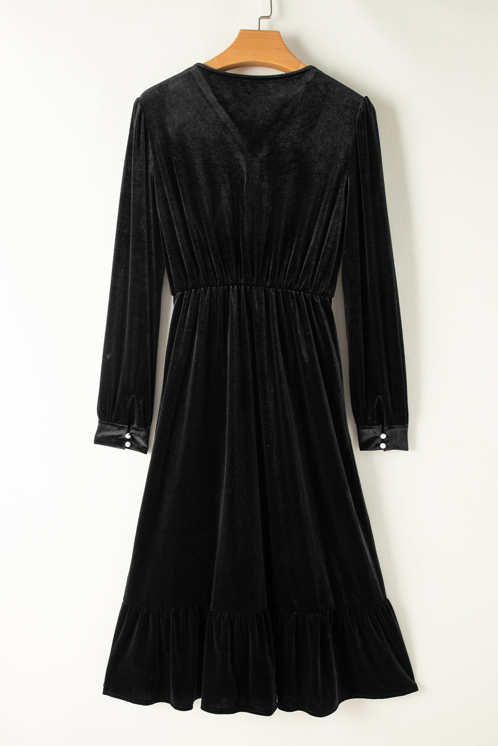 Black Velvet Buttoned Puff Sleeve V Neck Split Midi Dress