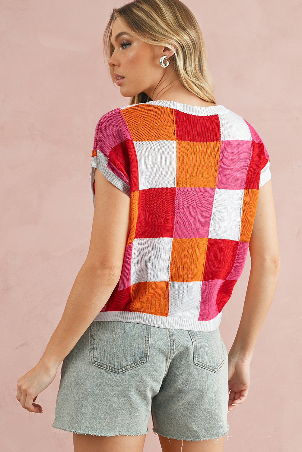 Grapefruit Orange Checkered Color Block Cap Sleeve Knitted Top