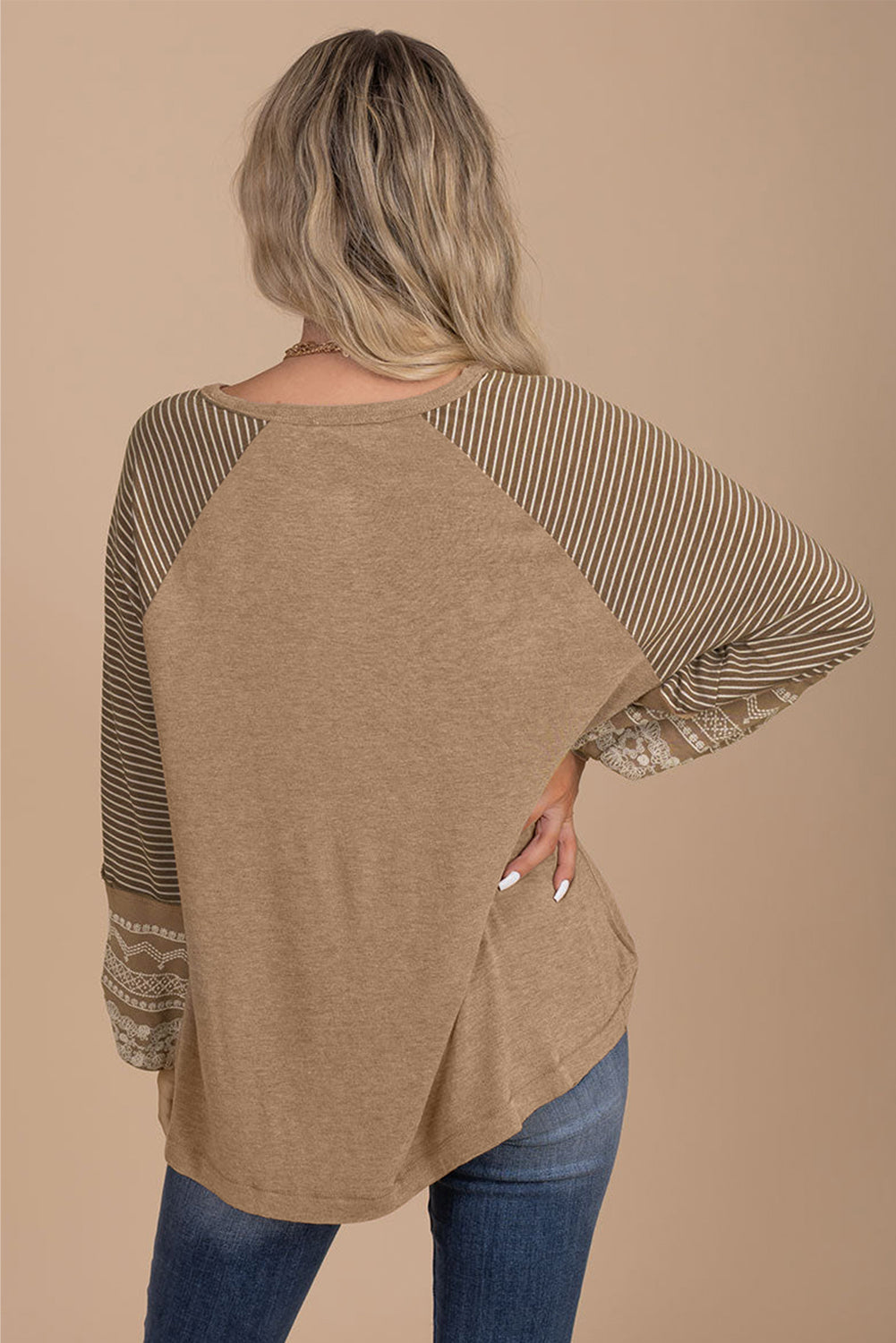 Mineral Red Contrast Print Striped Raglan Long Sleeve Loose Top