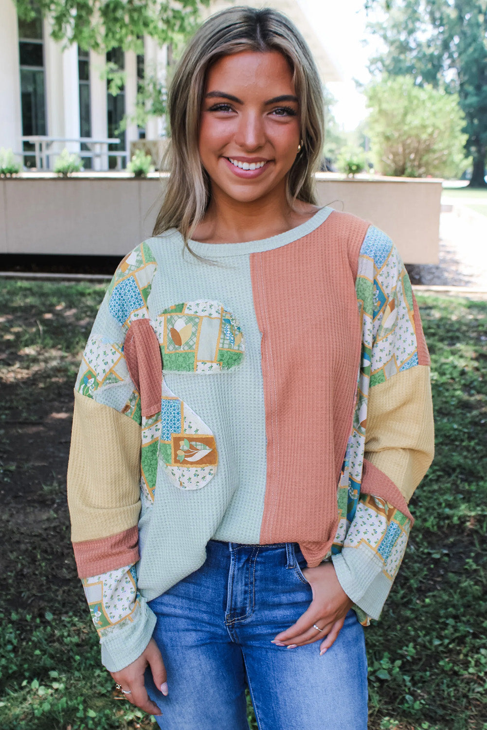 Sail Blue Waffle Patchwork Flower Sweatshirt