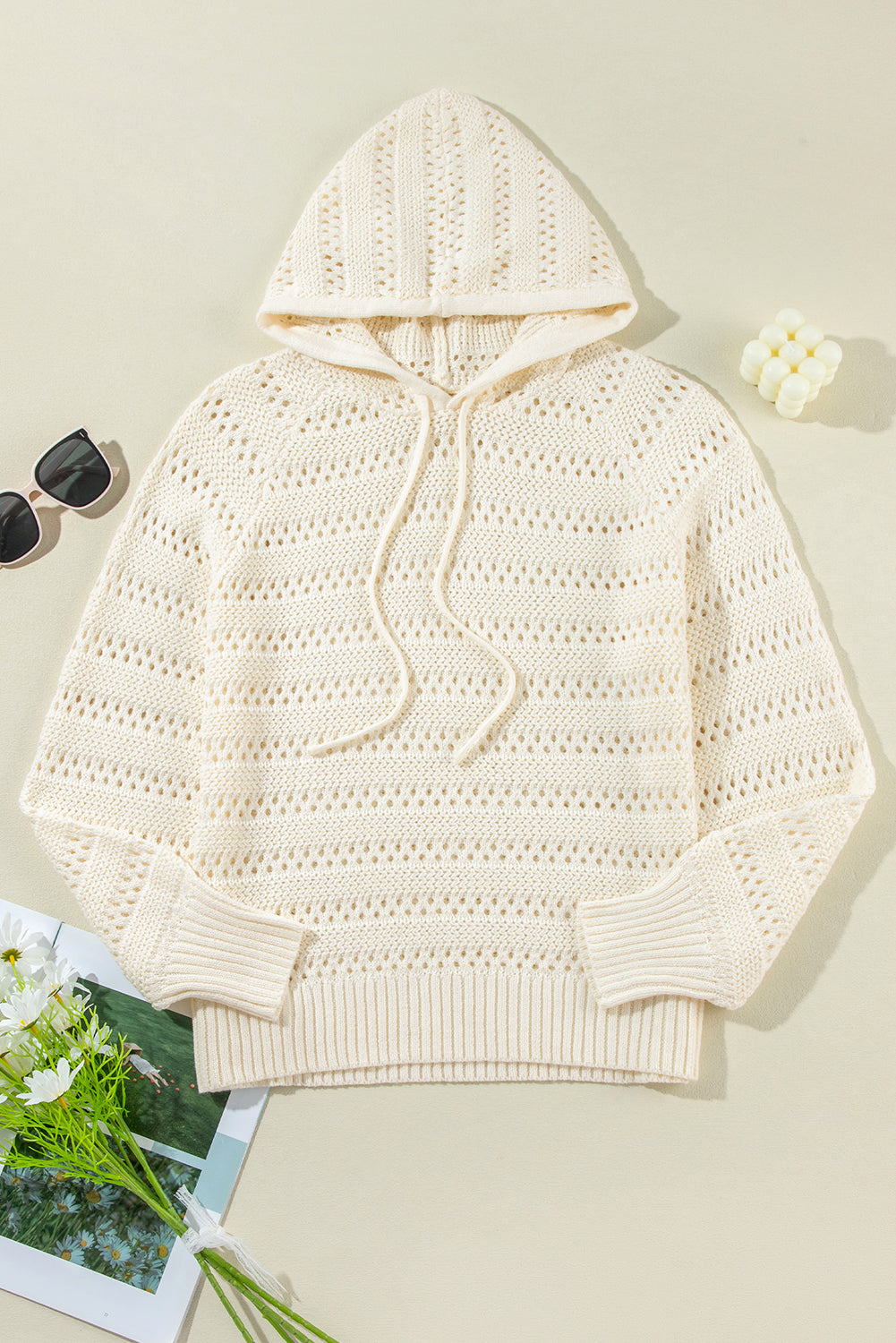 White Pointelle Knit Raglan Sleeve Drawstring Hooded Sweater