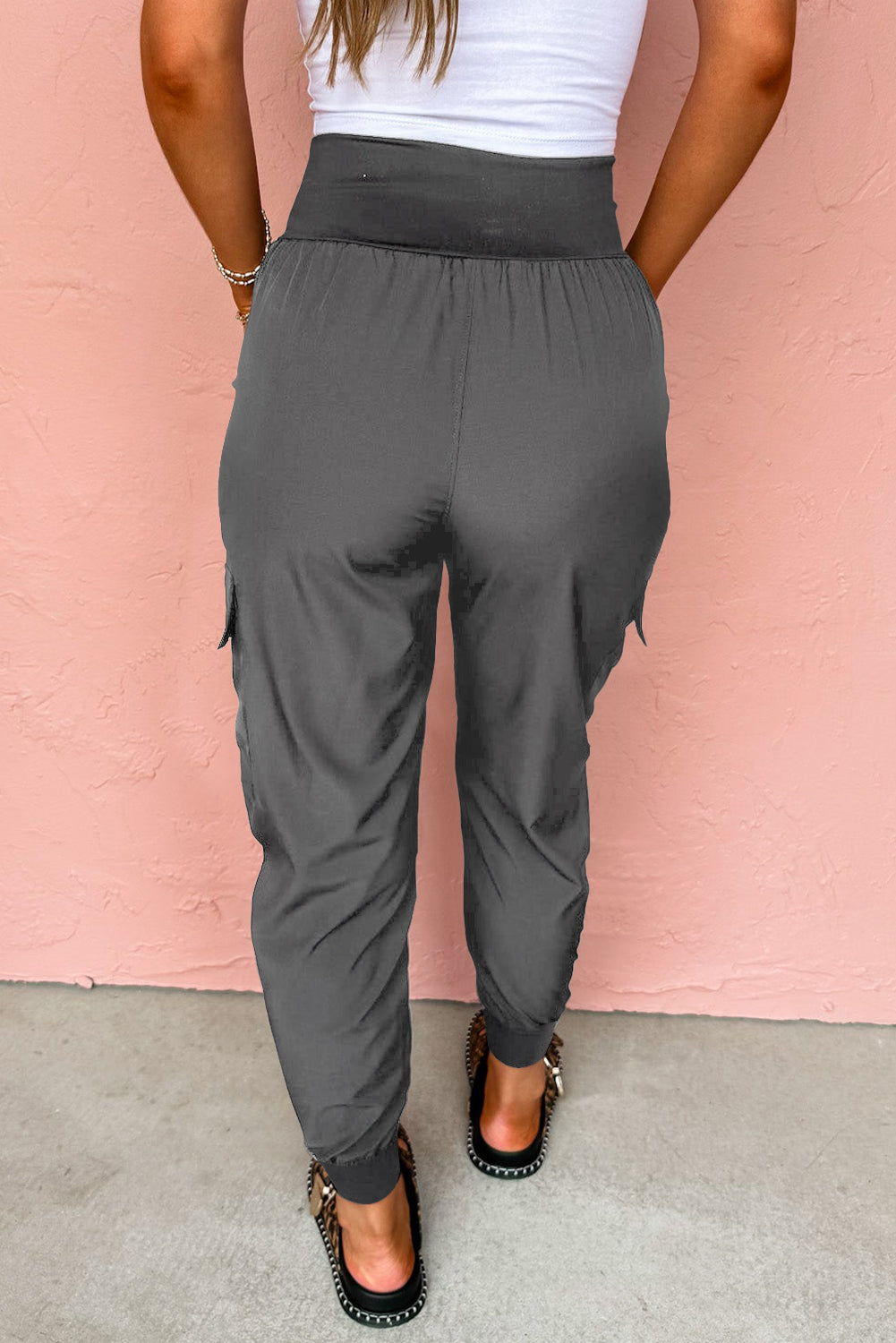 Black Elastic High Waist Pocketed Cargo Jogger Pants