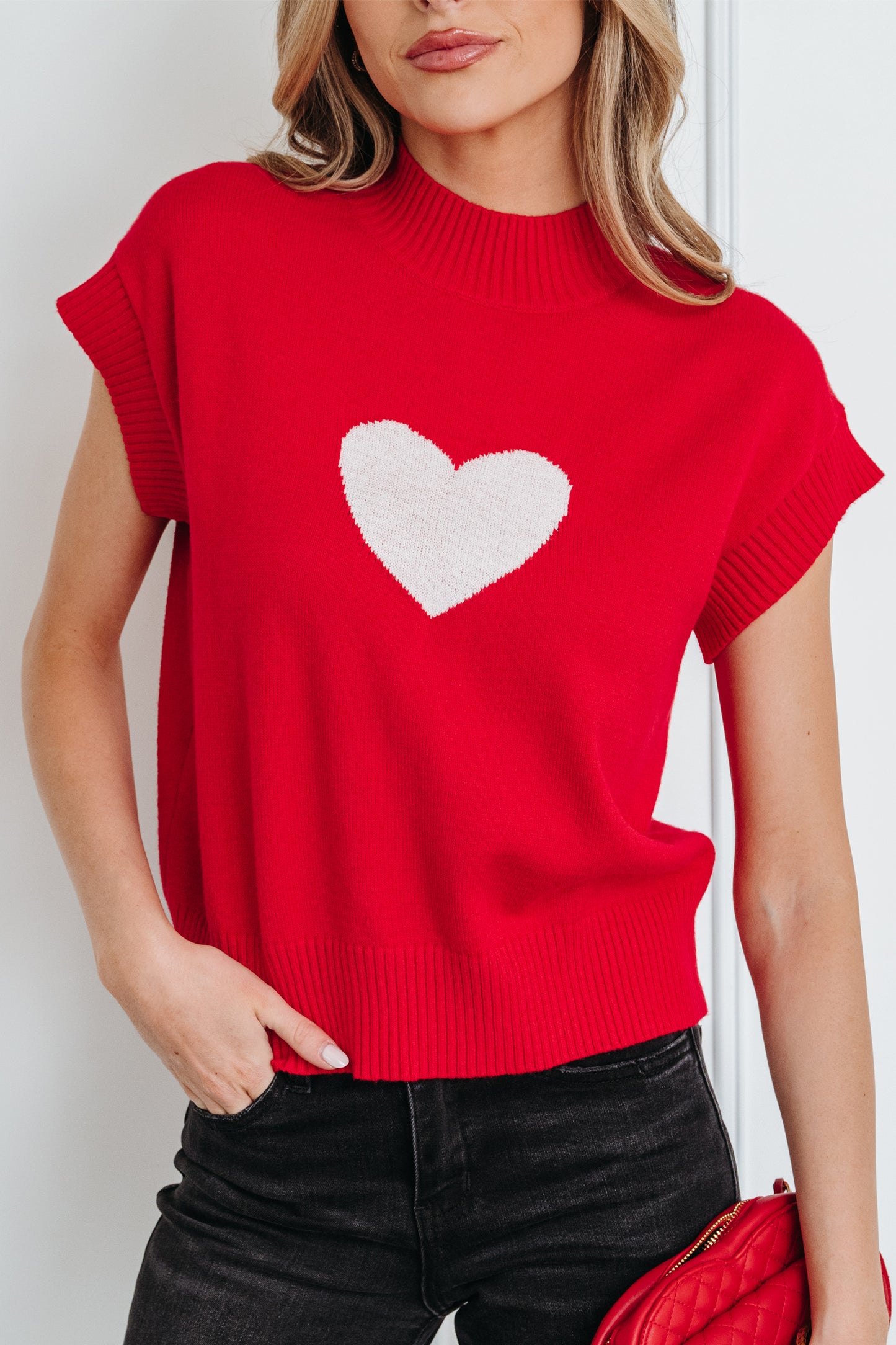 White Valentine Heart Graphic Cropped Short Sleeve Sweater