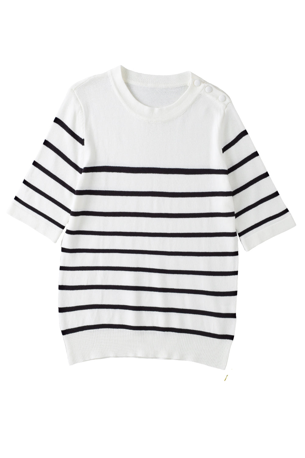 White Stripe Button Decor Half Sleeve Knitted Tee