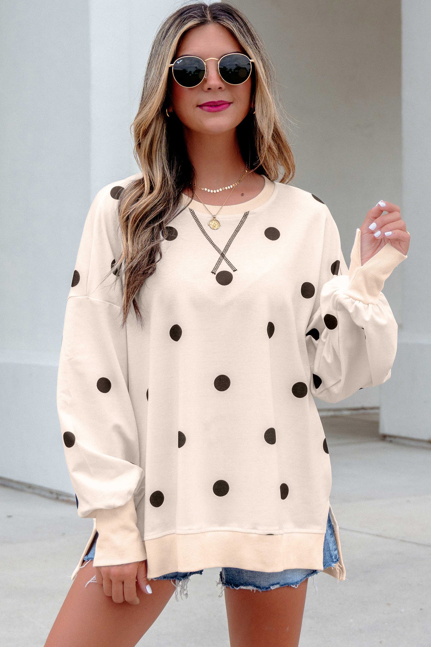 Yellow Polka Dot Loose Long Sleeve Split Hem Pullover Top