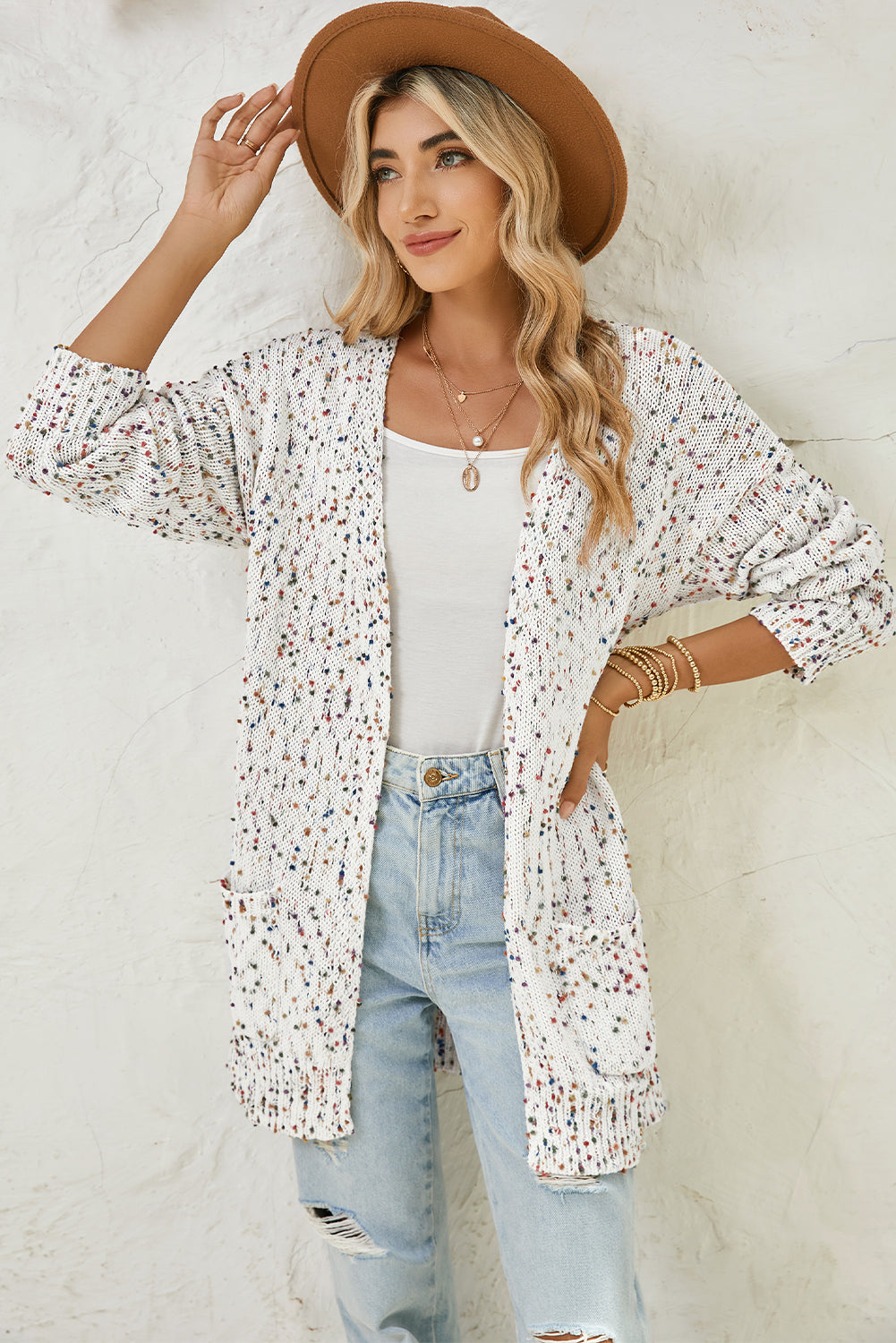 White Dotted Rib Knit Open Front Pocketed Cardigan