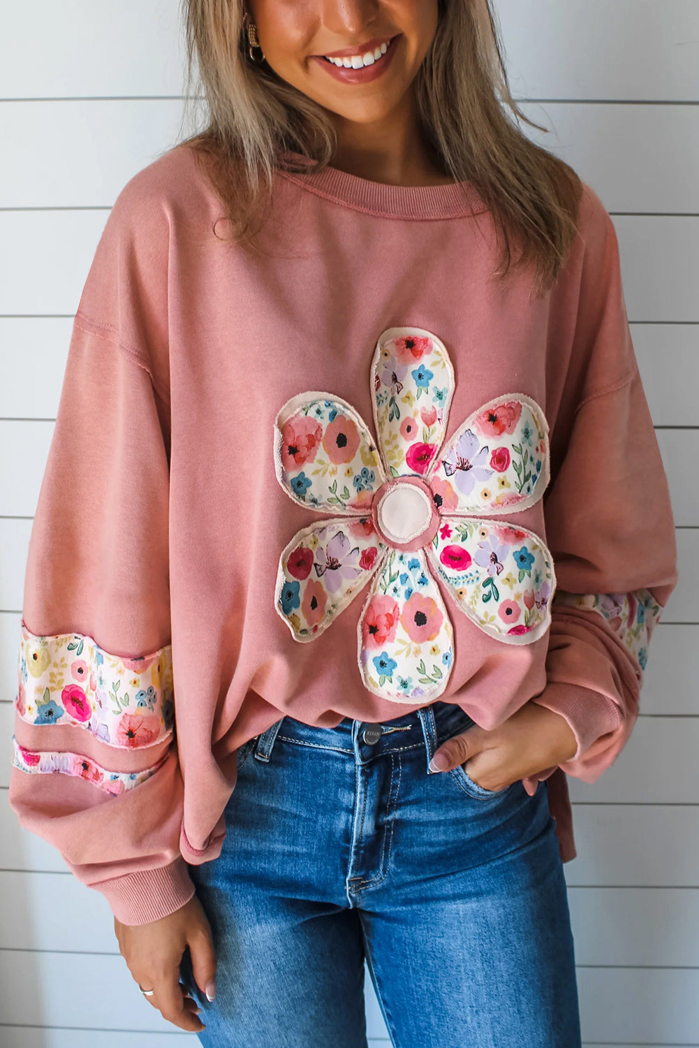 Wisteria Flower Applique Patchwork Drop Sleeve Pullover Sweatshirt