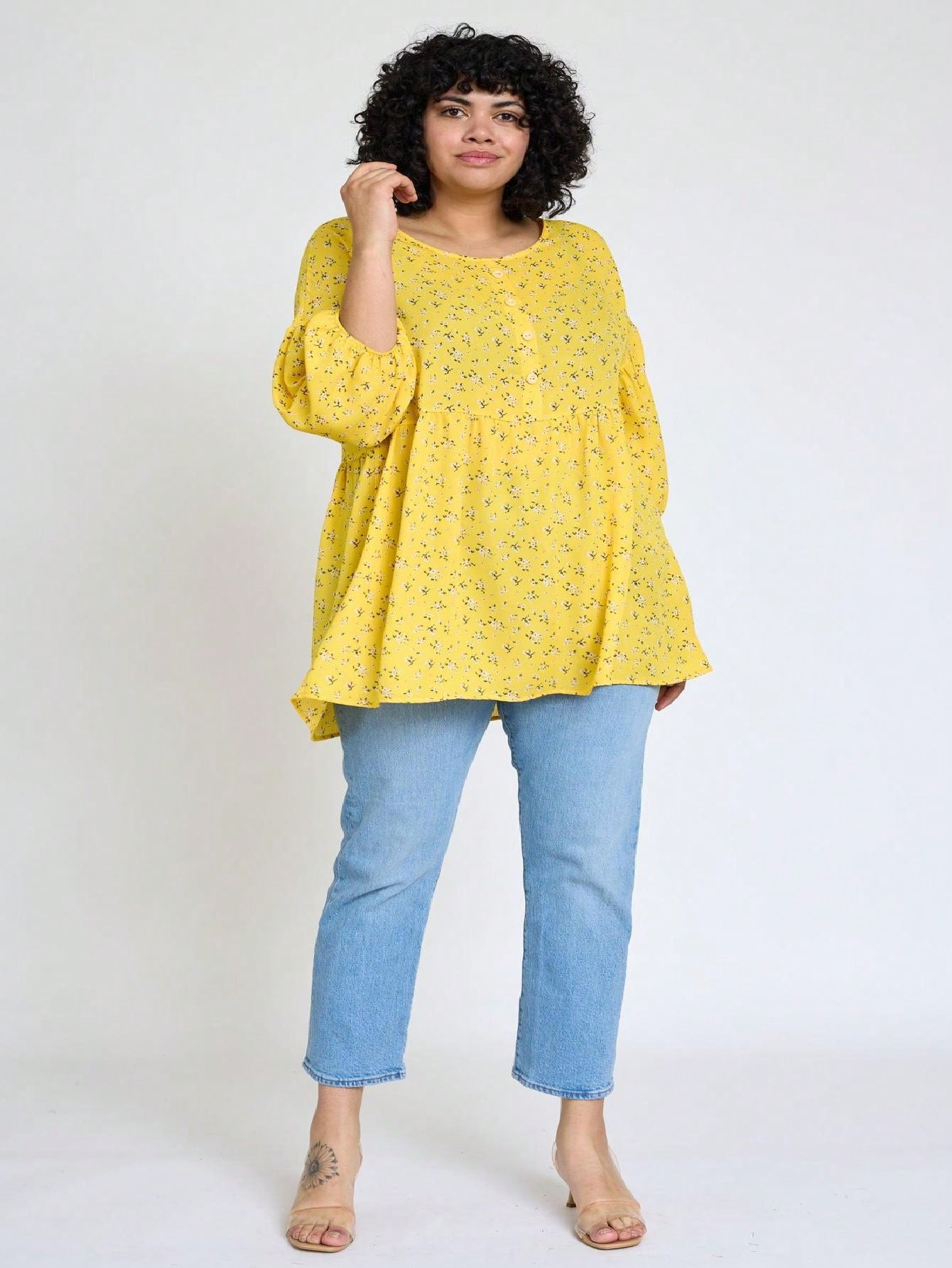 Summer/Spring Ditsy Floral Patch Work Bishop Lantern Sleeve Crew Neck Cute Baby Doll Top Blouse With Button Accent Breathable, Plus Extended Size