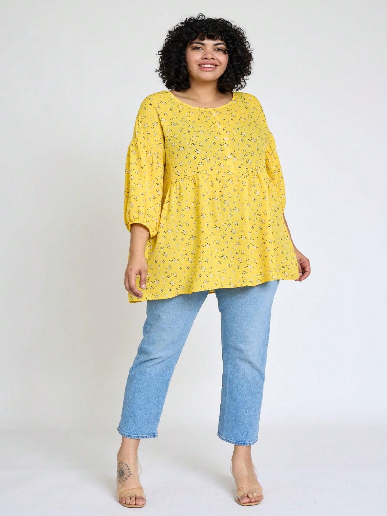 Summer/Spring Ditsy Floral Patch Work Bishop Lantern Sleeve Crew Neck Cute Baby Doll Top Blouse With Button Accent Breathable, Plus Extended Size