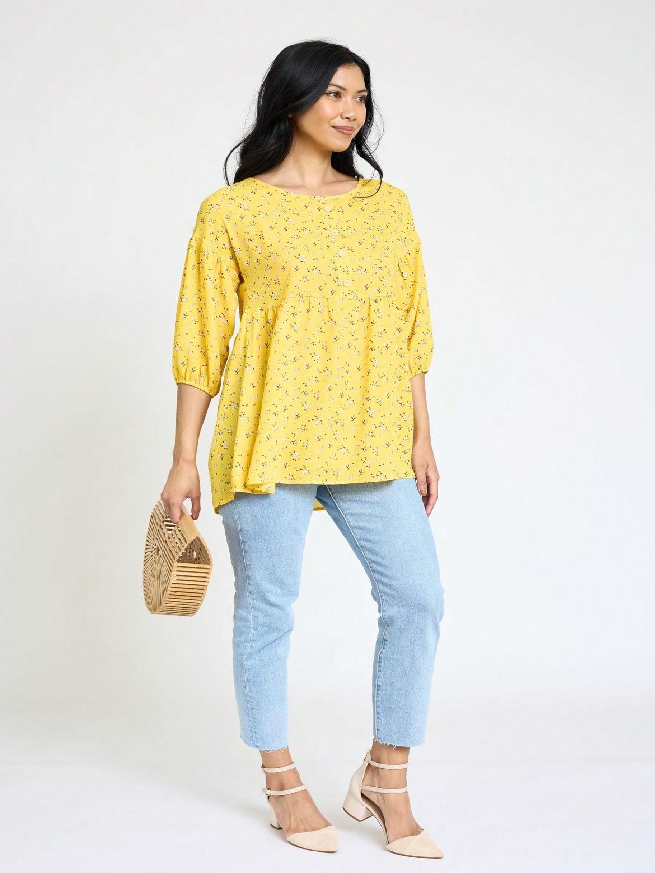 Summer/Spring Ditsy Floral Patch Work Bishop Lantern Sleeve Crew Neck Cute Baby Doll Top Blouse With Button Accent Breathable, Plus Extended Size