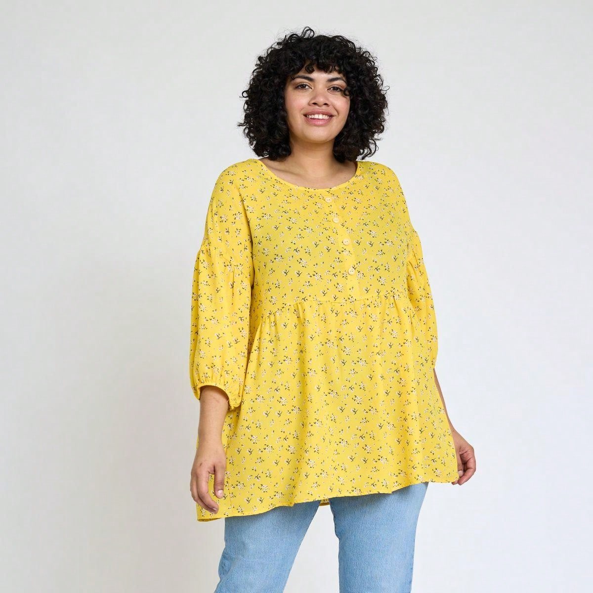 Summer/Spring Ditsy Floral Patch Work Bishop Lantern Sleeve Crew Neck Cute Baby Doll Top Blouse With Button Accent Breathable, Plus Extended Size