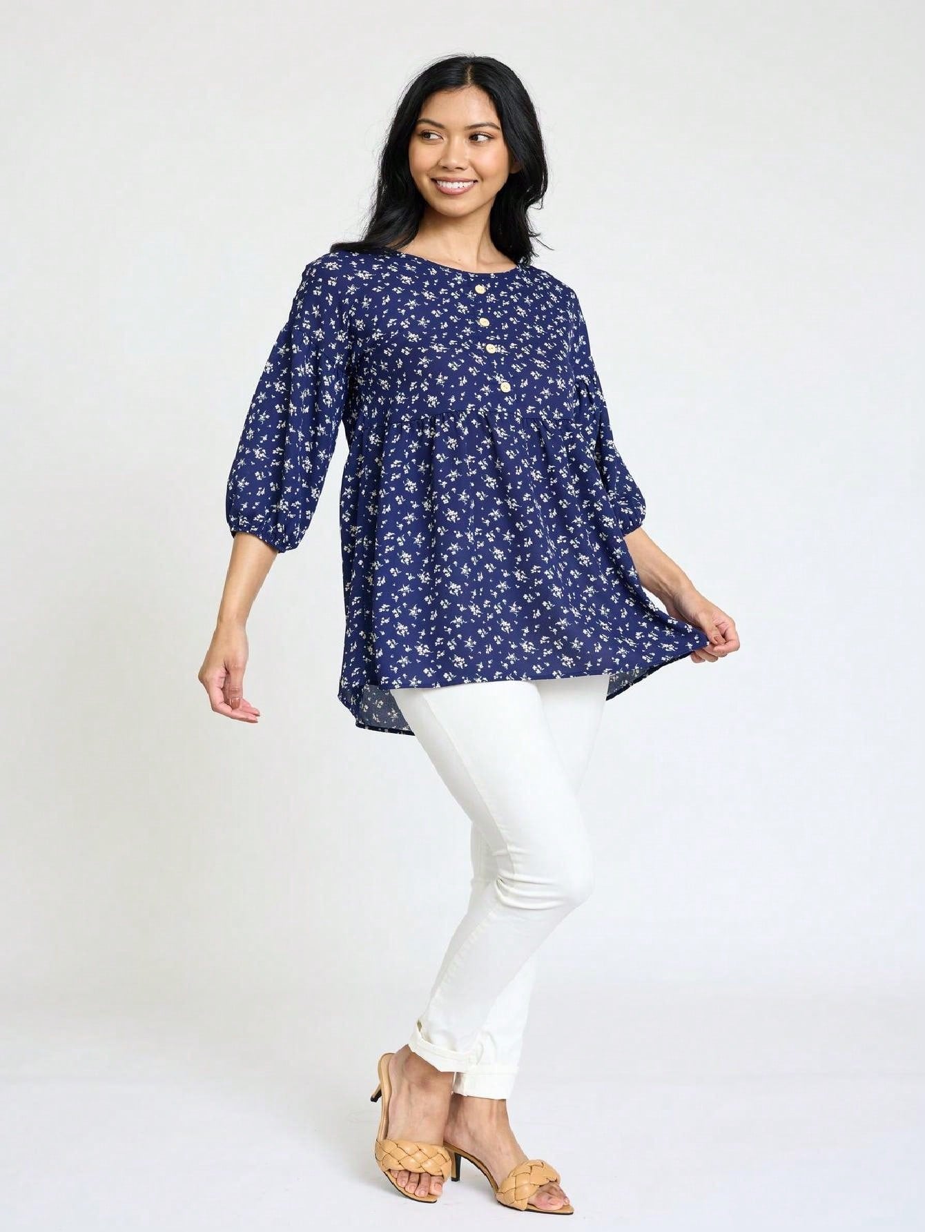Summer/Spring Ditsy Floral Patch Work Bishop Lantern Sleeve Crew Neck Cute Baby Doll Top Blouse With Button Accent Breathable, Plus Extended Size
