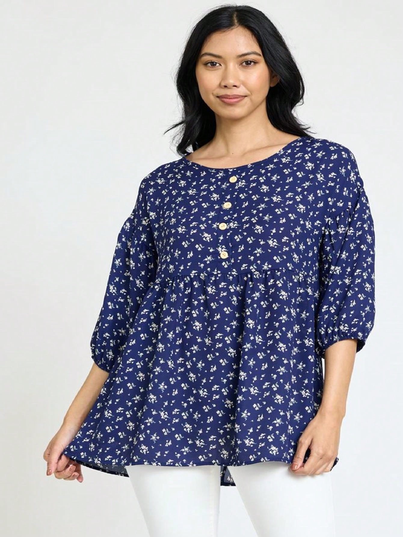 Summer/Spring Ditsy Floral Patch Work Bishop Lantern Sleeve Crew Neck Cute Baby Doll Top Blouse With Button Accent Breathable, Plus Extended Size