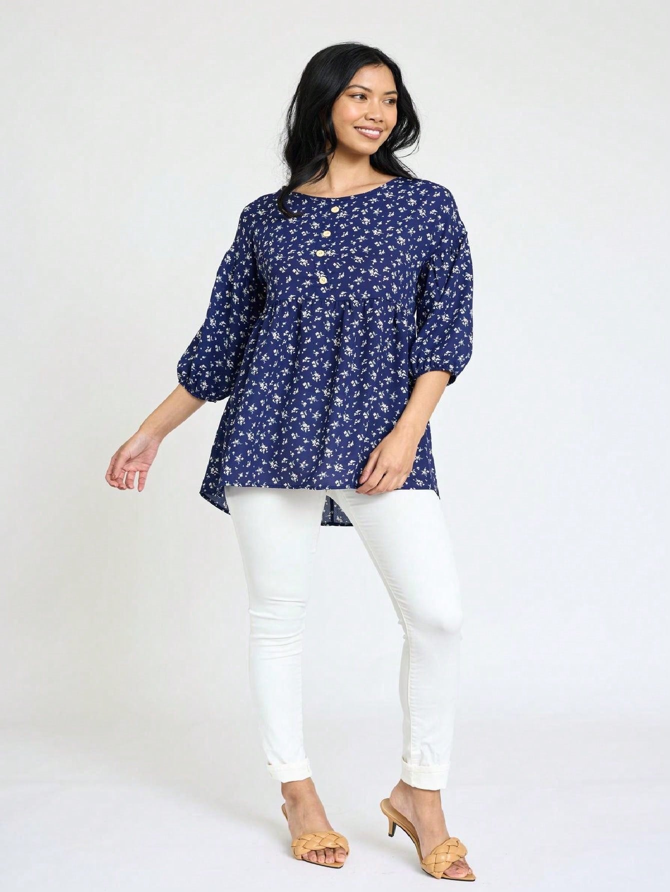 Summer/Spring Ditsy Floral Patch Work Bishop Lantern Sleeve Crew Neck Cute Baby Doll Top Blouse With Button Accent Breathable, Plus Extended Size