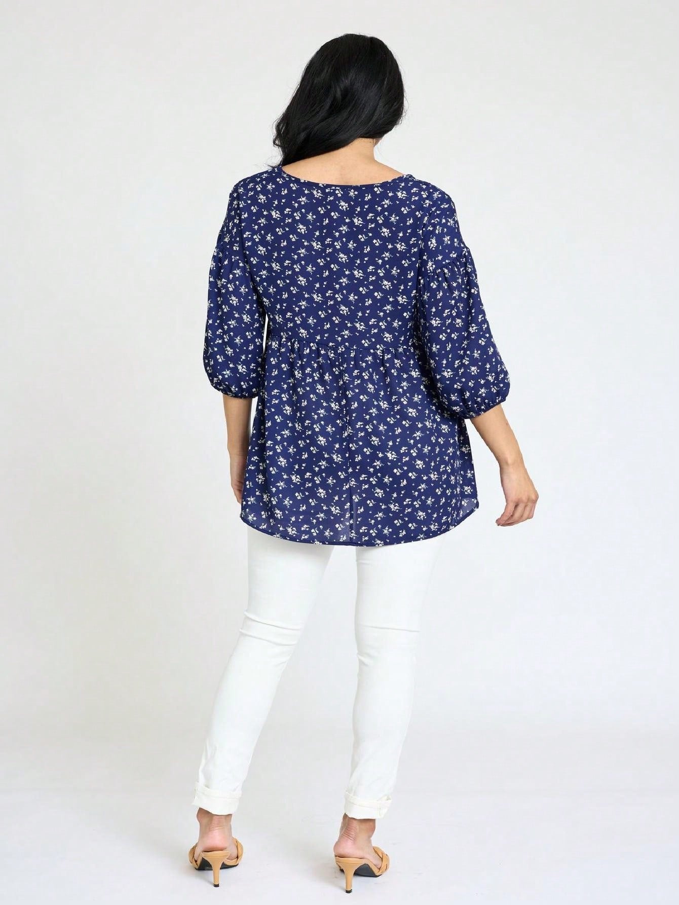 Summer/Spring Ditsy Floral Patch Work Bishop Lantern Sleeve Crew Neck Cute Baby Doll Top Blouse With Button Accent Breathable, Plus Extended Size