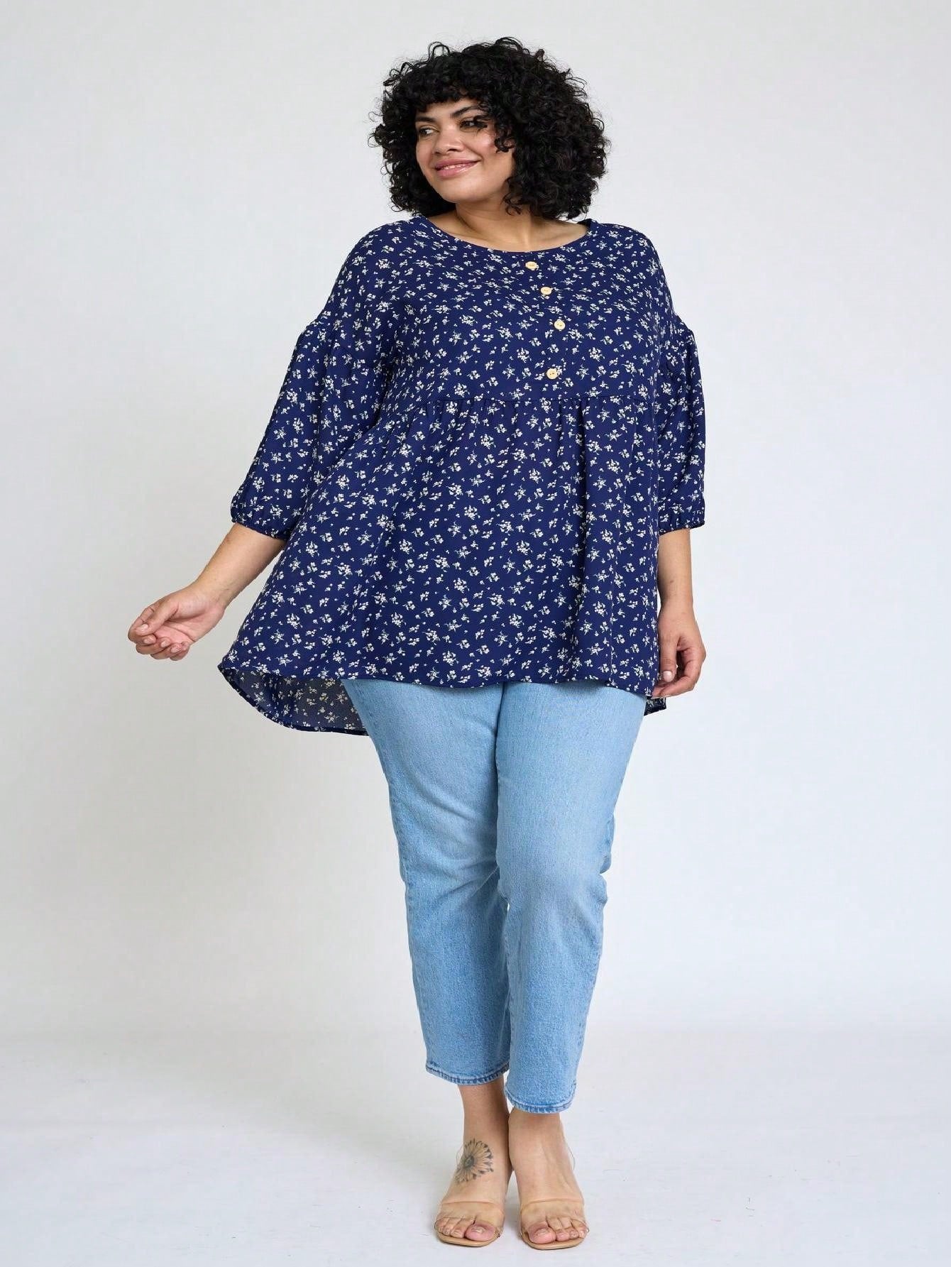 Summer/Spring Ditsy Floral Patch Work Bishop Lantern Sleeve Crew Neck Cute Baby Doll Top Blouse With Button Accent Breathable, Plus Extended Size
