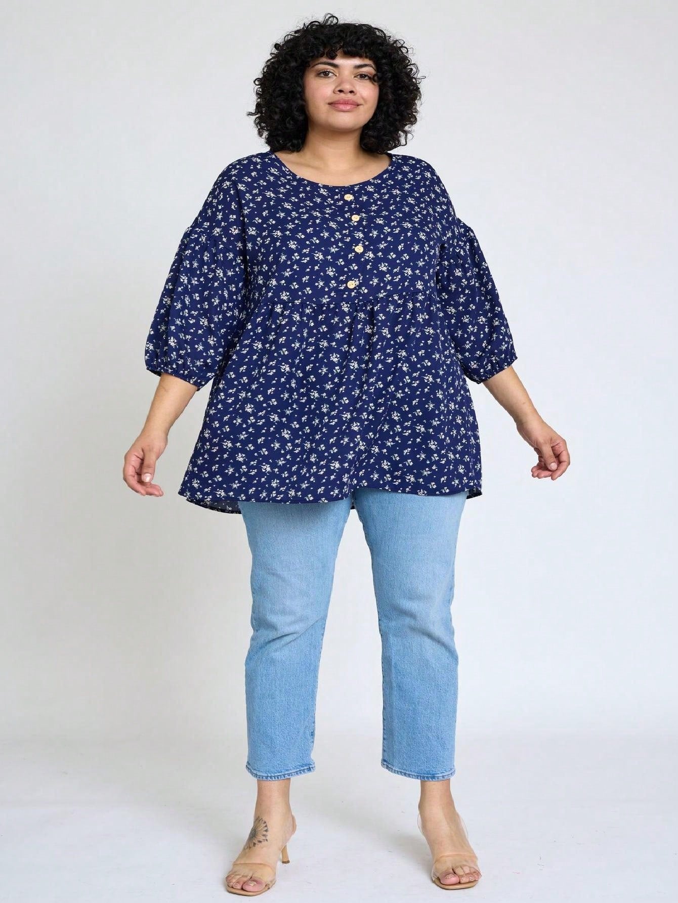 Summer/Spring Ditsy Floral Patch Work Bishop Lantern Sleeve Crew Neck Cute Baby Doll Top Blouse With Button Accent Breathable, Plus Extended Size