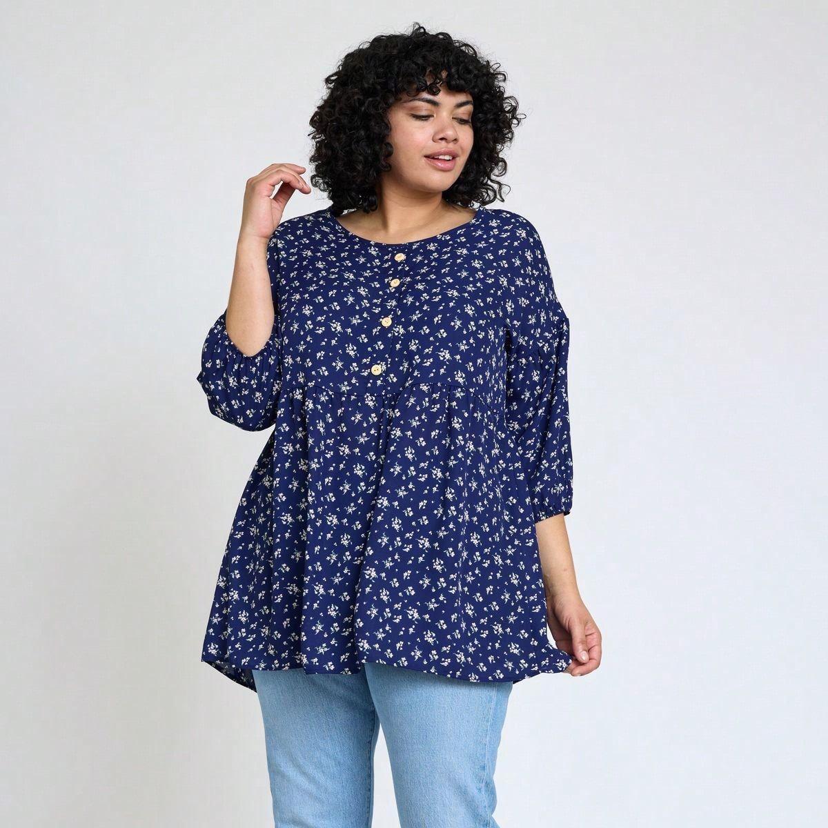 Summer/Spring Ditsy Floral Patch Work Bishop Lantern Sleeve Crew Neck Cute Baby Doll Top Blouse With Button Accent Breathable, Plus Extended Size