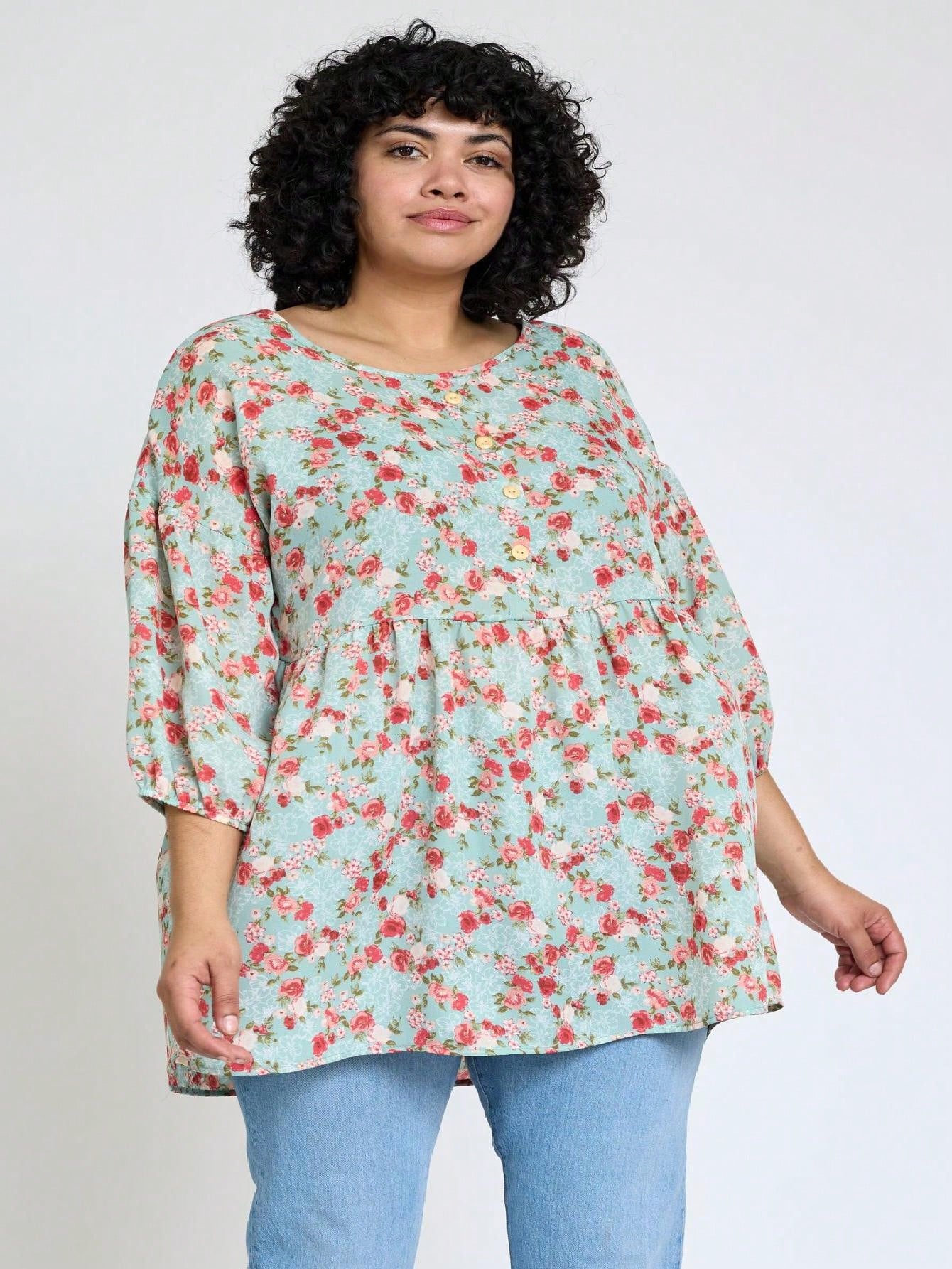 Summer/Spring Ditsy Floral Patch Work Bishop Lantern Sleeve Crew Neck Cute Baby Doll Top Blouse With Button Accent Breathable, Plus Extended Size