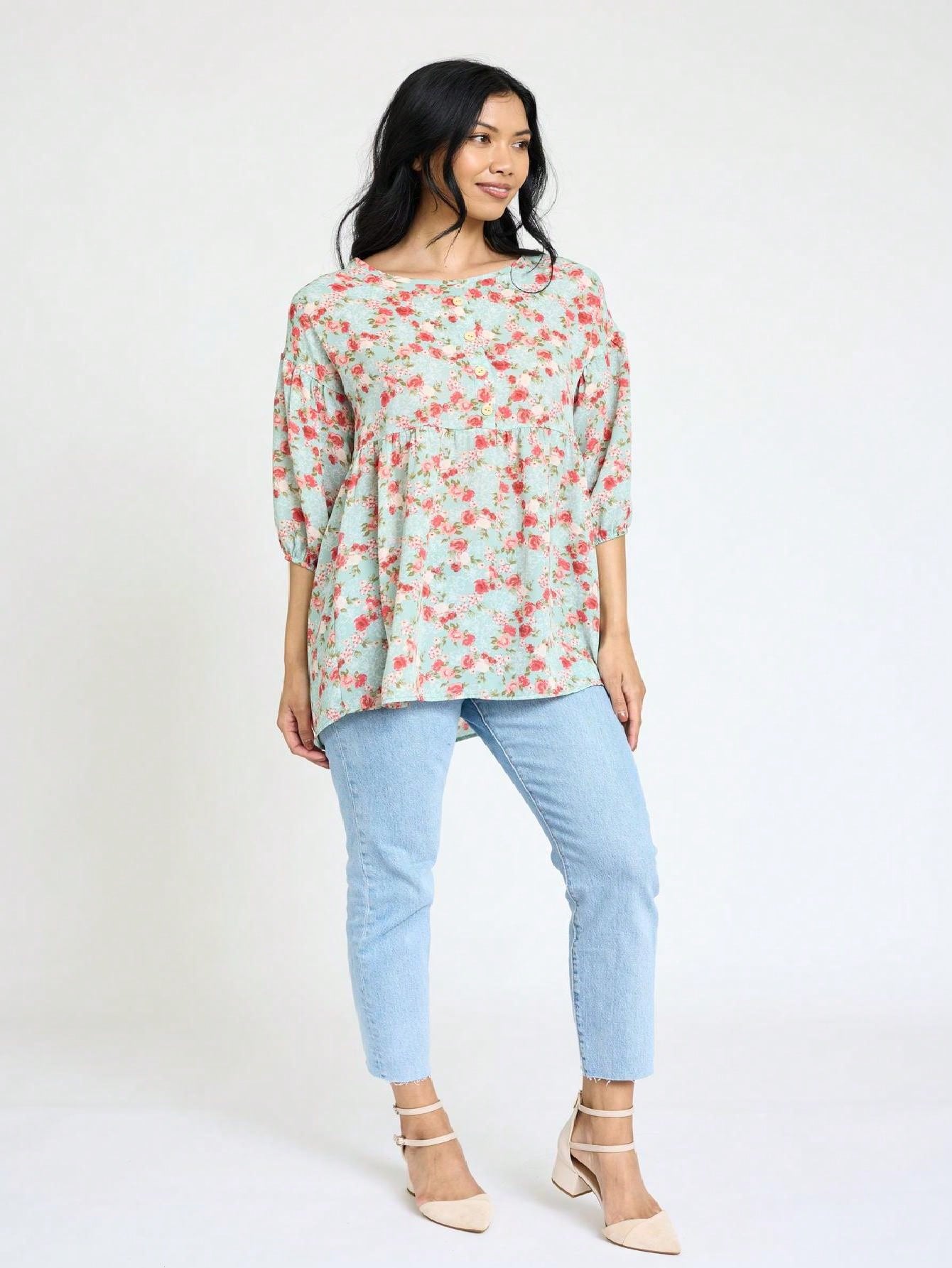 Summer/Spring Ditsy Floral Patch Work Bishop Lantern Sleeve Crew Neck Cute Baby Doll Top Blouse With Button Accent Breathable, Plus Extended Size
