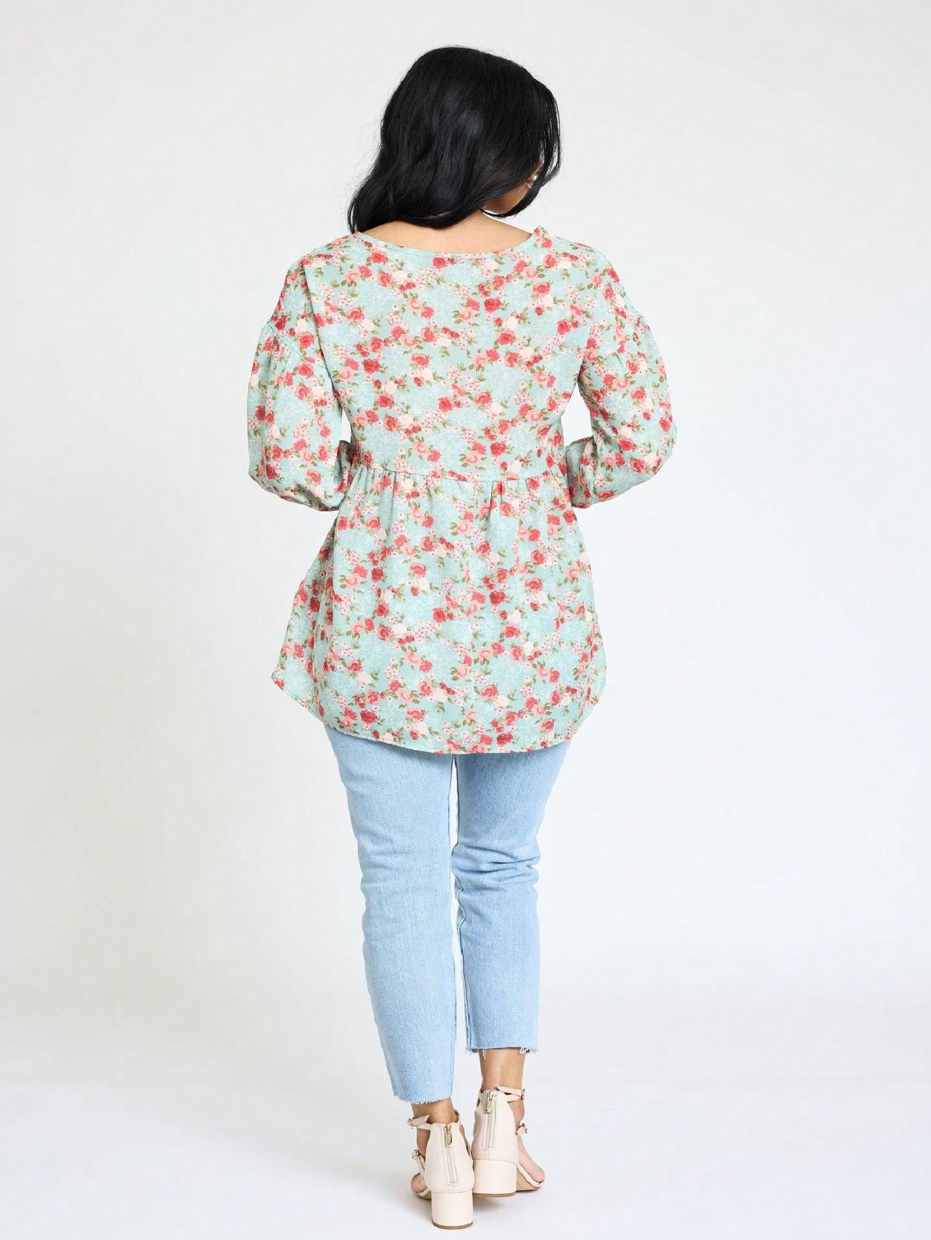 Summer/Spring Ditsy Floral Patch Work Bishop Lantern Sleeve Crew Neck Cute Baby Doll Top Blouse With Button Accent Breathable, Plus Extended Size