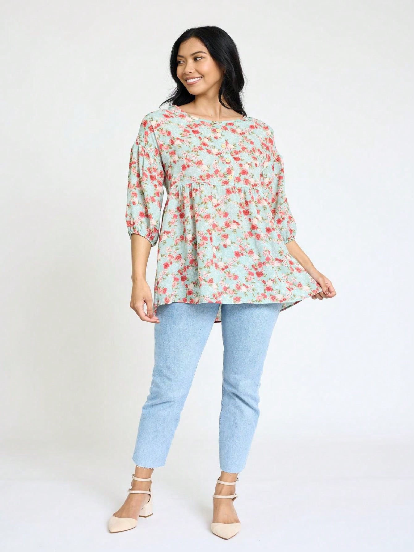 Summer/Spring Ditsy Floral Patch Work Bishop Lantern Sleeve Crew Neck Cute Baby Doll Top Blouse With Button Accent Breathable, Plus Extended Size