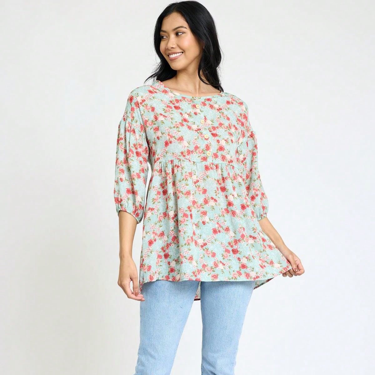 Summer/Spring Ditsy Floral Patch Work Bishop Lantern Sleeve Crew Neck Cute Baby Doll Top Blouse With Button Accent Breathable, Plus Extended Size