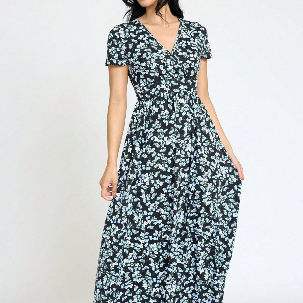 Elegant Floral Maxi Dress With Plunging Neckline Short Sleeve Surplice Sash Versatile Summer Dress For Women