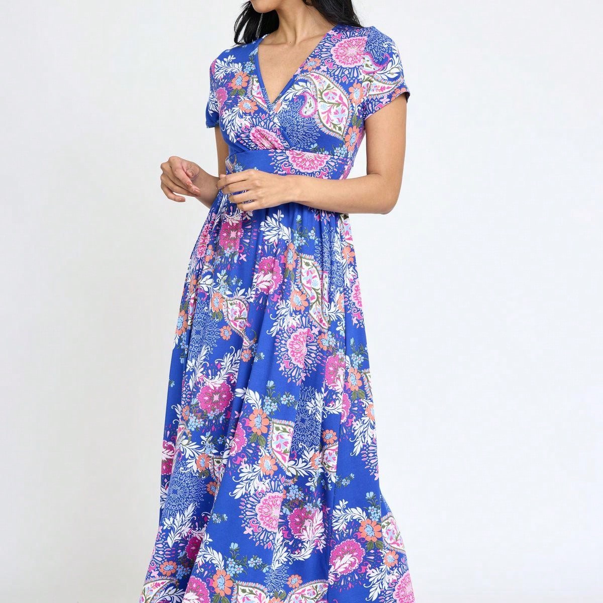 Elegant Floral Maxi Dress With Plunging Neckline Short Sleeve Surplice Sash Versatile Summer Dress For Women