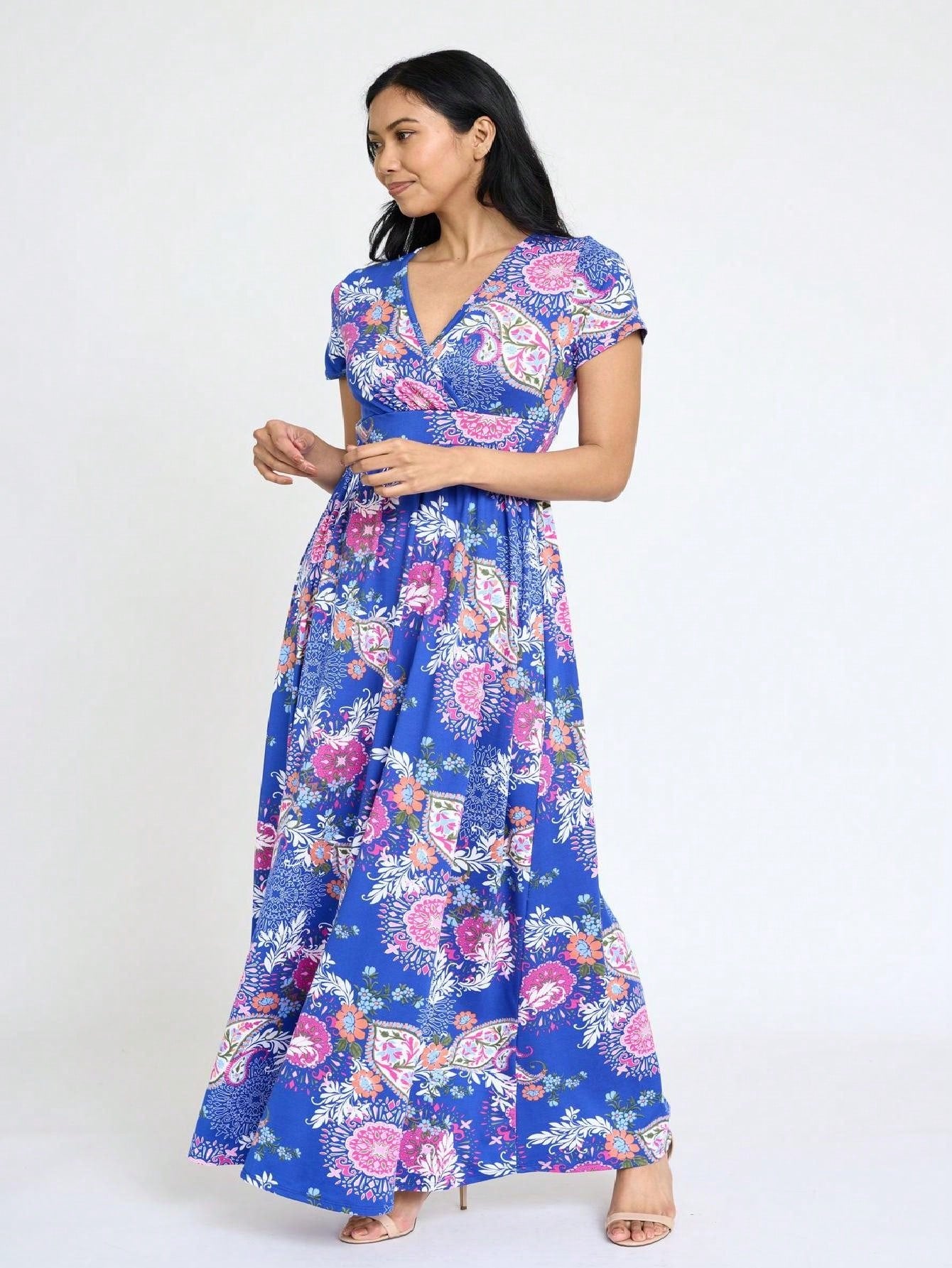 Elegant Floral Maxi Dress With Plunging Neckline Short Sleeve Surplice Sash Versatile Summer Dress For Women