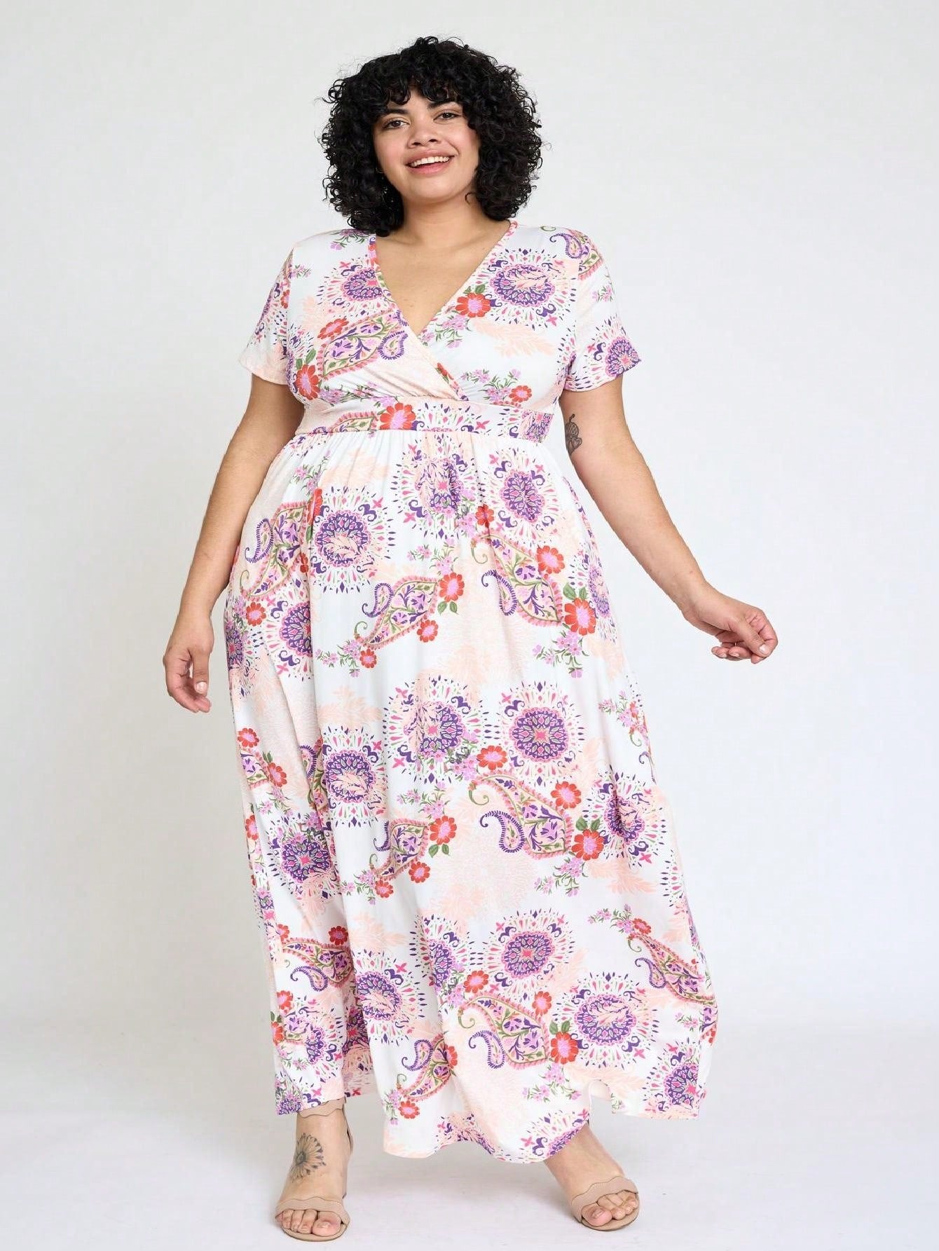 Elegant Floral Maxi Dress With Plunging Neckline Short Sleeve Surplice Sash Versatile Summer Dress For Women