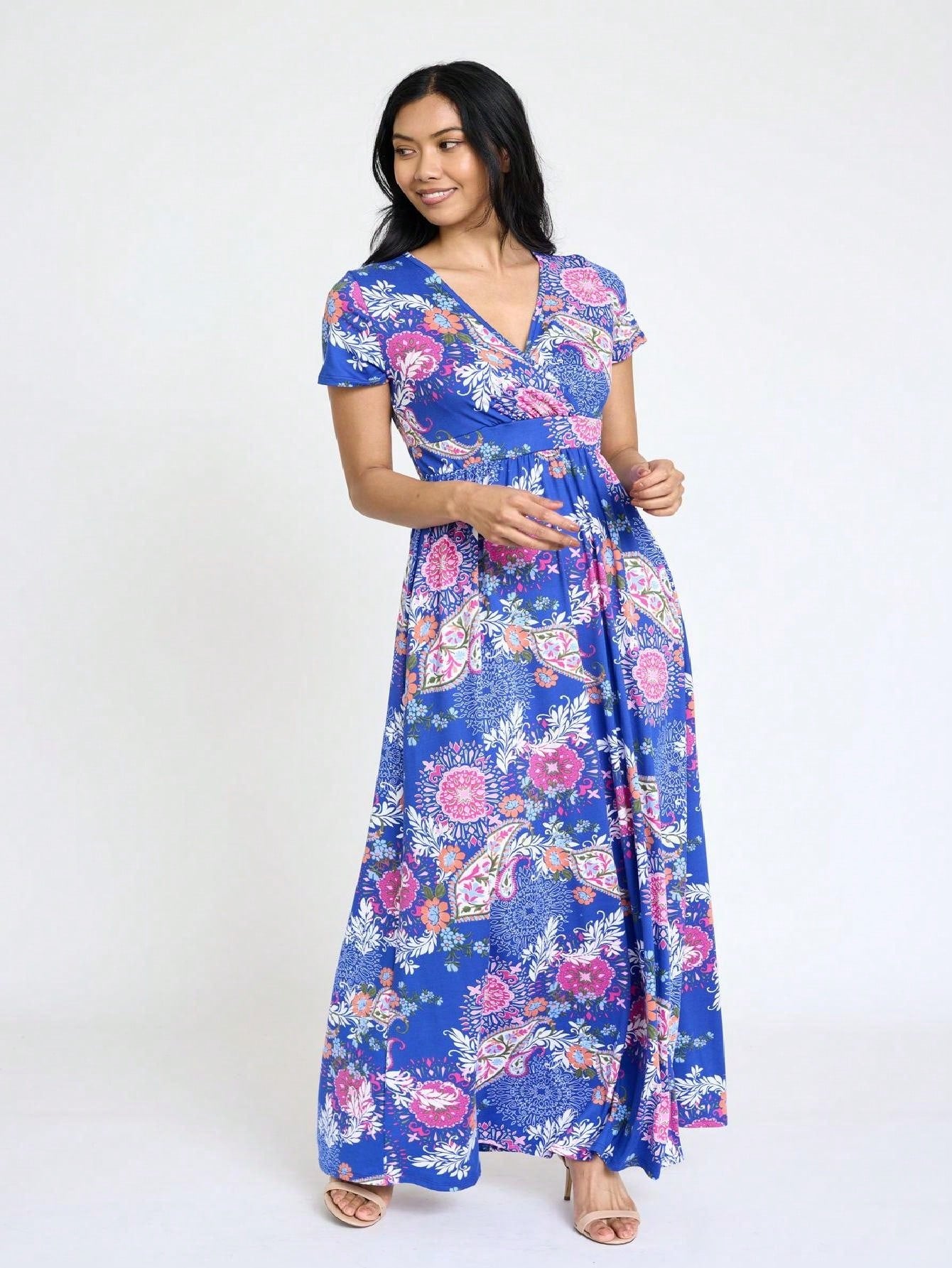 Elegant Floral Maxi Dress With Plunging Neckline Short Sleeve Surplice Sash Versatile Summer Dress For Women