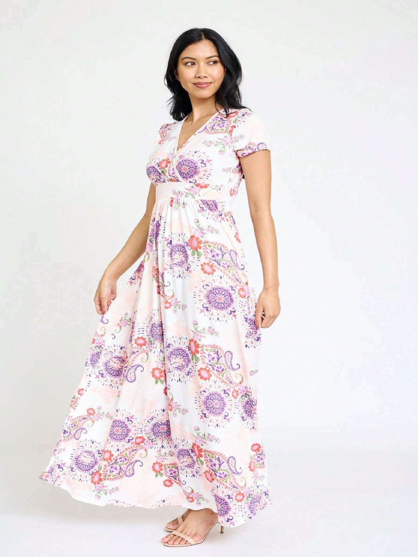 Elegant Floral Maxi Dress With Plunging Neckline Short Sleeve Surplice Sash Versatile Summer Dress For Women