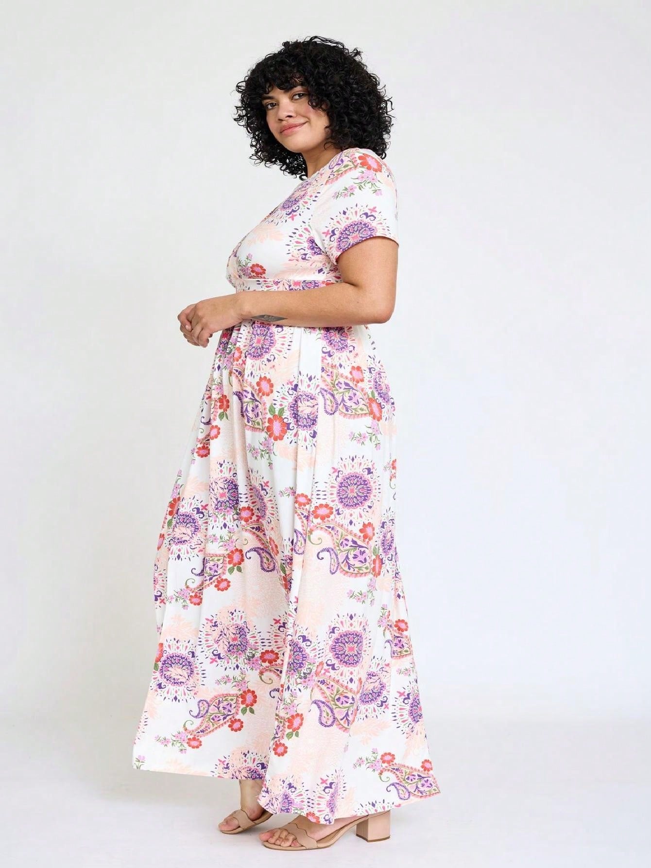 Elegant Floral Maxi Dress With Plunging Neckline Short Sleeve Surplice Sash Versatile Summer Dress For Women