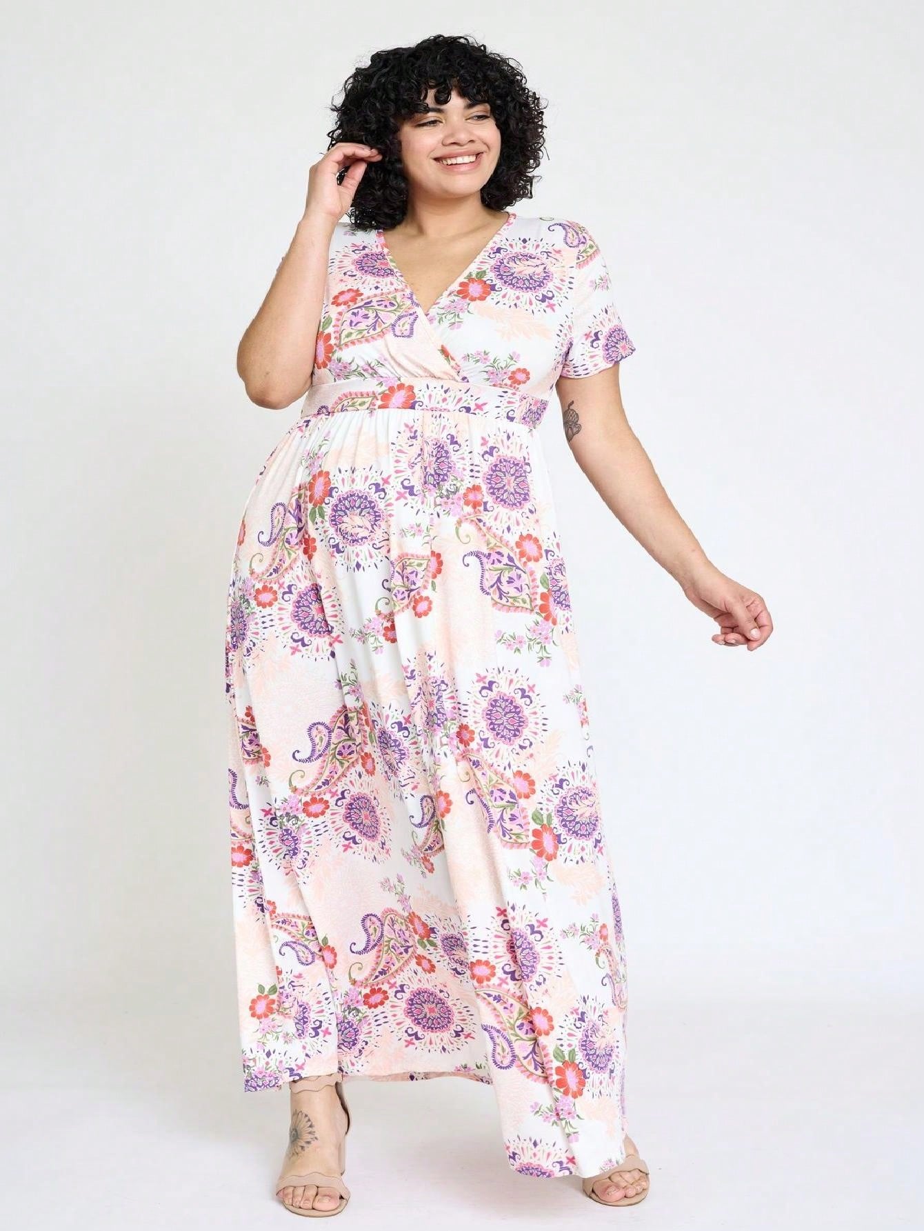 Elegant Floral Maxi Dress With Plunging Neckline Short Sleeve Surplice Sash Versatile Summer Dress For Women